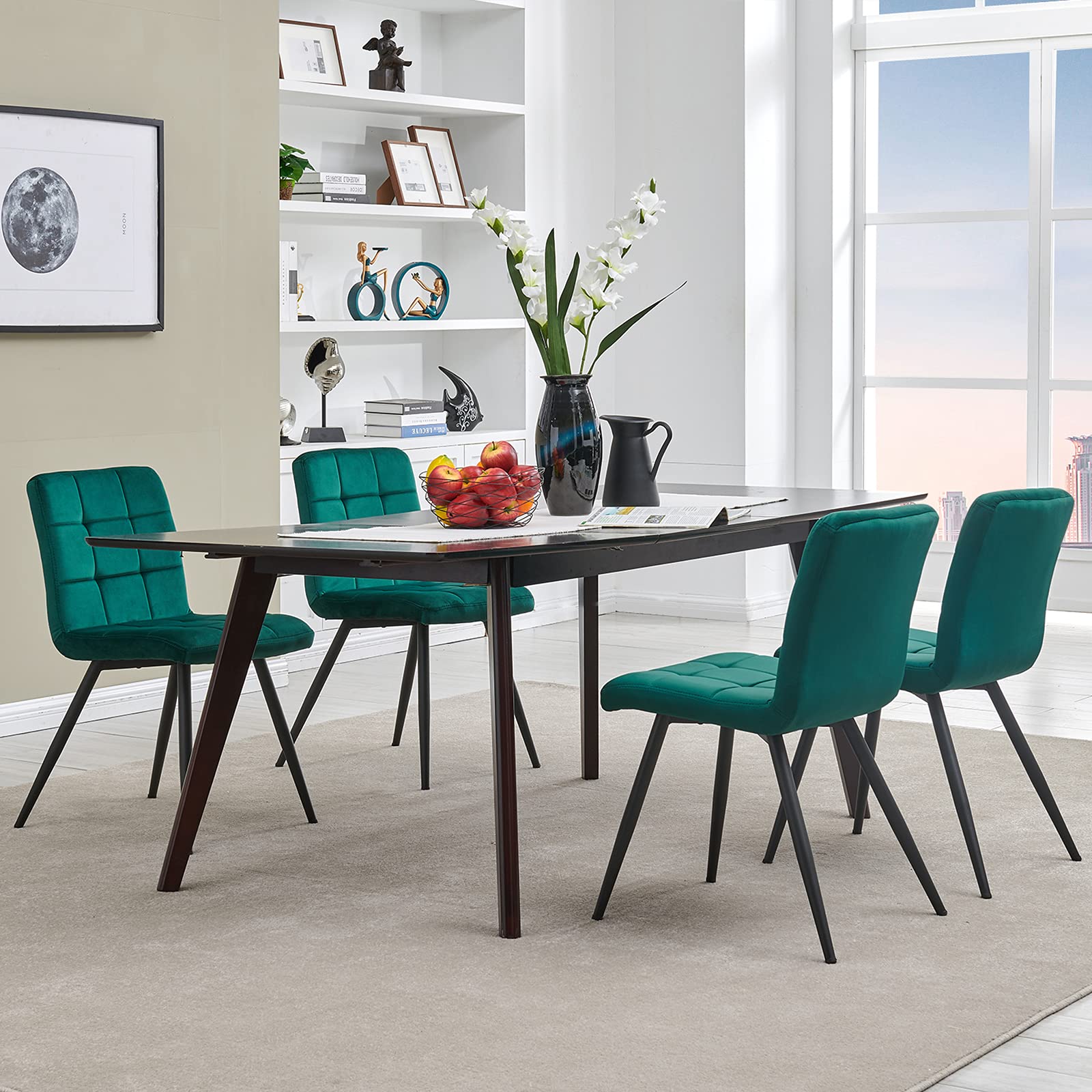 DUHOME Velvet Dining Chairs Set of 4 - Mid Century Modern Upholstered Side Chairs for Kitchen, Living Room & Bedroom - Comfortable Reading Accent Chairs for Home Decor & Vanity (Atrovirens Green)