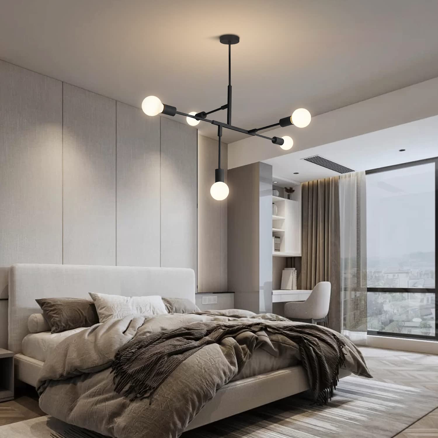 Modern Matte Black 5-Light Sputnik Chandelier - Industrial Style Pendant Light for Kids Room, Art Studio & Ceiling Decor | E26/G95 Bulb Compatible | Perfect for Children's Bedroom, Playroom & Creative Spaces