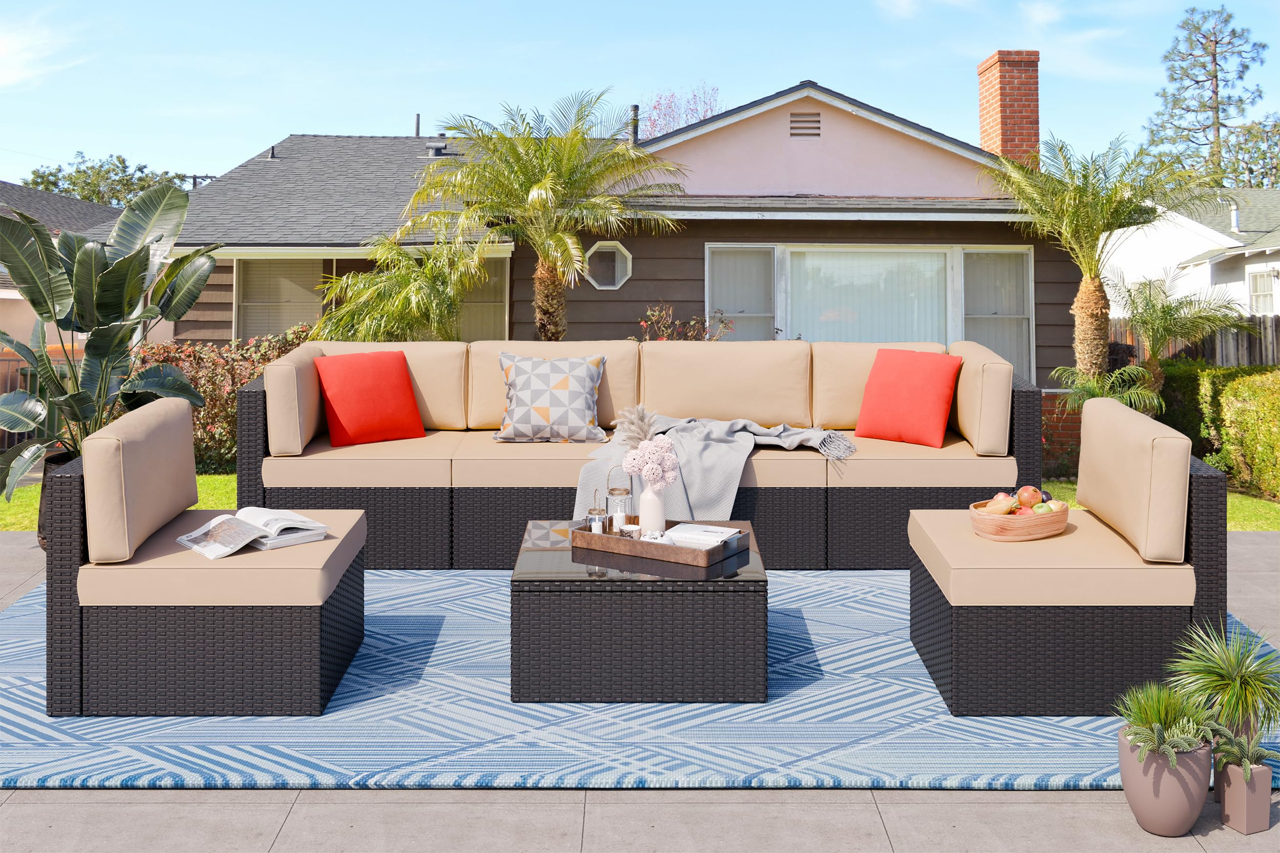 Vongrasig 7-Piece Outdoor Patio Furniture Set - PE Wicker Rattan Sectional Sofa with Cushions, Glass Coffee Table & Red Throw Pillows (Beige) - Perfect for Backyard, Garden, Poolside & Patio Relaxation