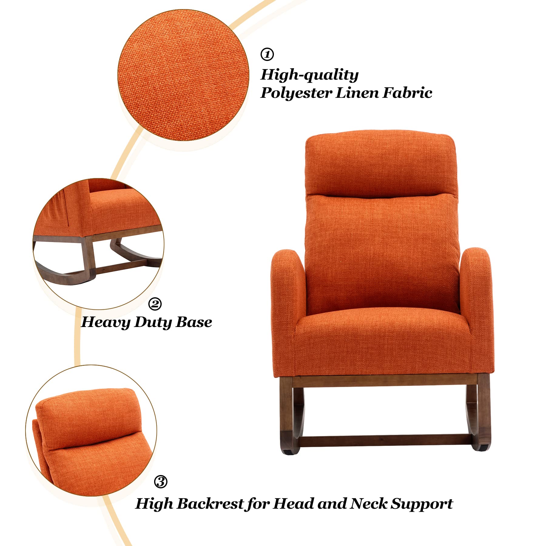 Comfortable Dolonm Nursery Rocking Chair - Upholstered Glider Rocker with Padded Seat & High Backrest, Accent Armchair for Living Room, Bedroom, Baby Nursery - Perfect for Nursing, Relaxing & Reading (Orange)