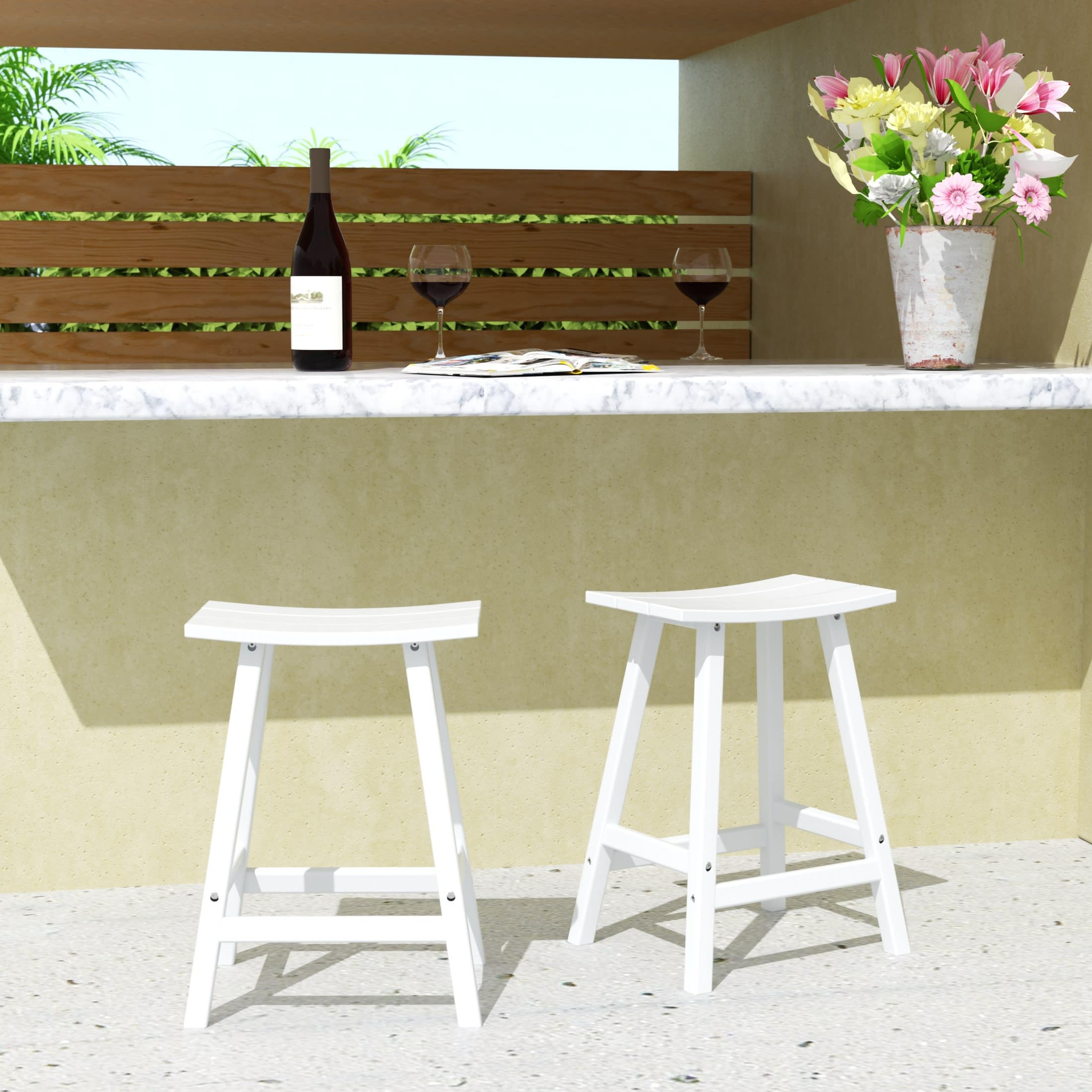 WestinTrends Malibu 2-Piece 29-Inch Height Outdoor Bar Stools Set - White Patio Saddle Stools for Backyard, Poolside & Restaurant Use