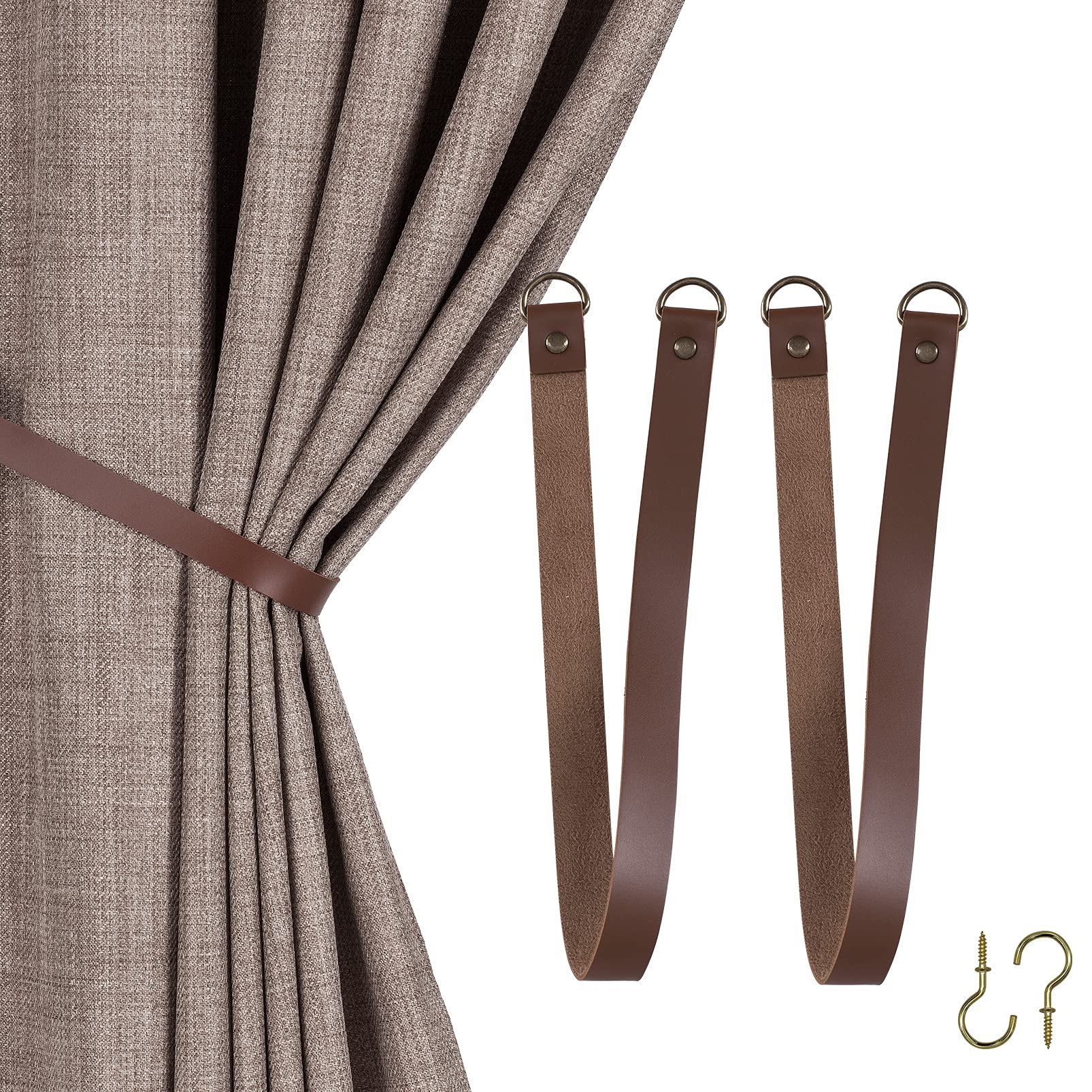Leather Curtain Tie Backs Set of 2 - Wall Hook Drape Holders for Home & Outdoor Use