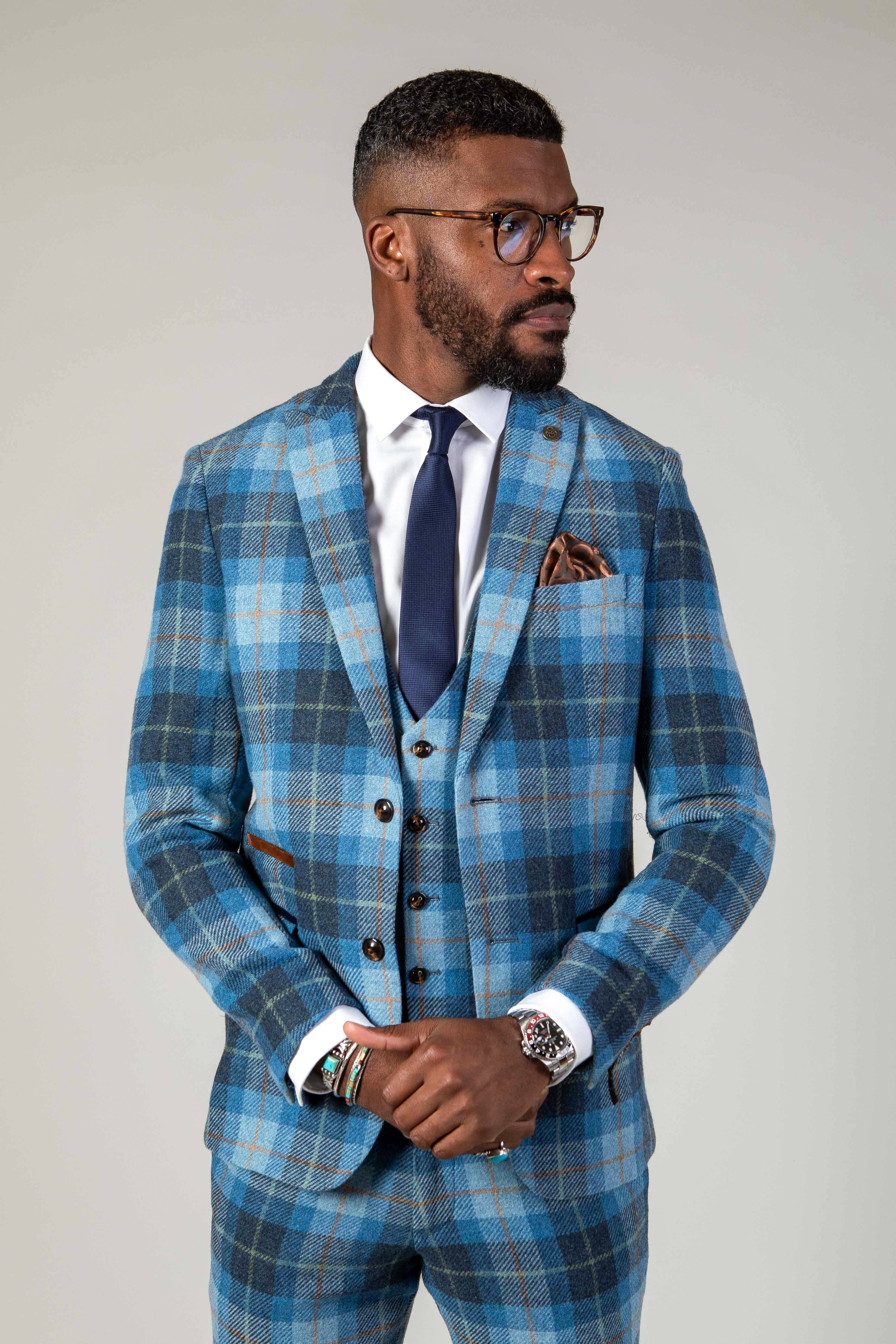 Stylish MORRIS Blue Tweed Check Blazer for Men - Perfect for Business Meetings & Formal Events