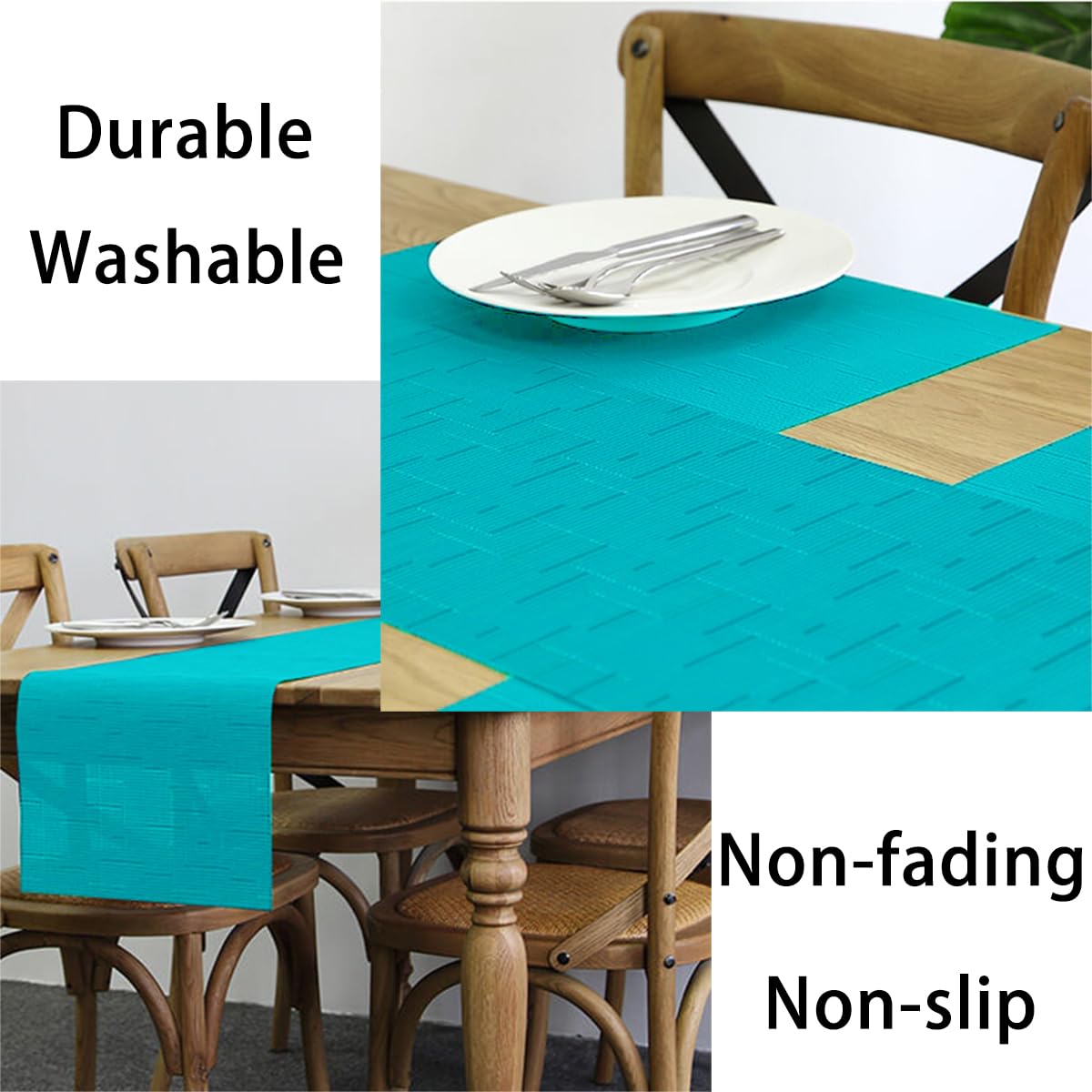 PIGCHCY Heat Resistant Placemats Set of 4 - Durable Washable Woven Vinyl Table Mats for Kitchen & Dining (18x12 Inches, Turquoise) - Perfect for Everyday Meals, Dinner Parties & Home Decor