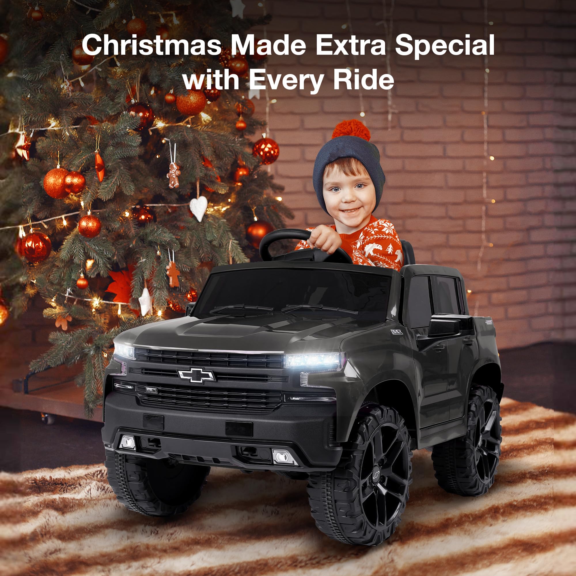 Licensed Chevrolet Kids Electric Ride-On Truck - 12V Battery-Powered Toy Car with LED Lights, MP3 Player & Storage - Black | Outdoor Play, Birthday Gifts for Boys & Girls Ages 3-8