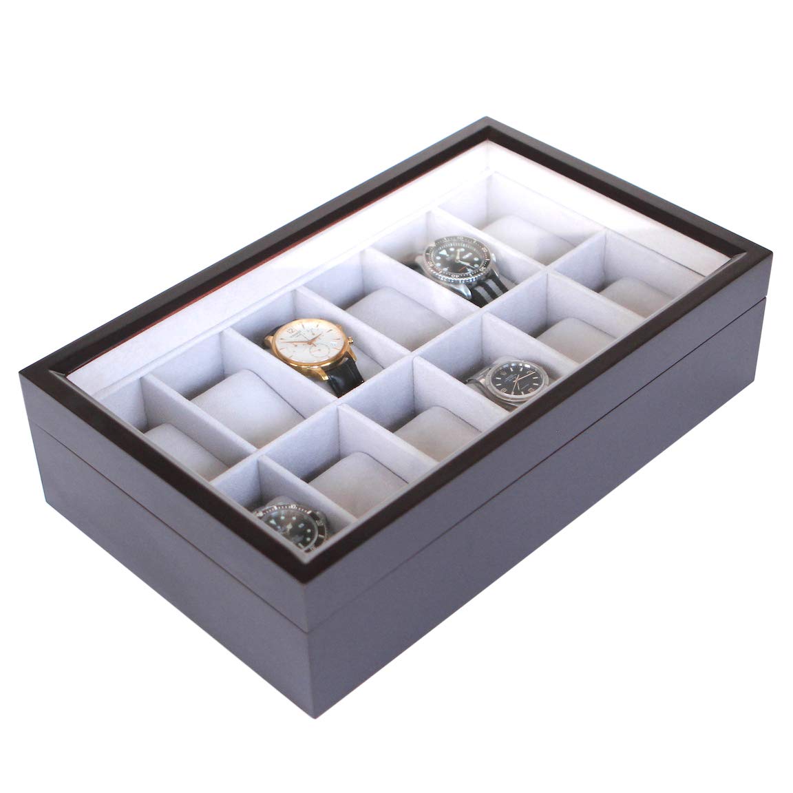Case Elegance Solid Espresso Wood Watch Box Organizer with Glass Display Top - 12 Slot Watch Case for Men's Luxury Timepieces | Perfect for Watch Collection Display & Storage