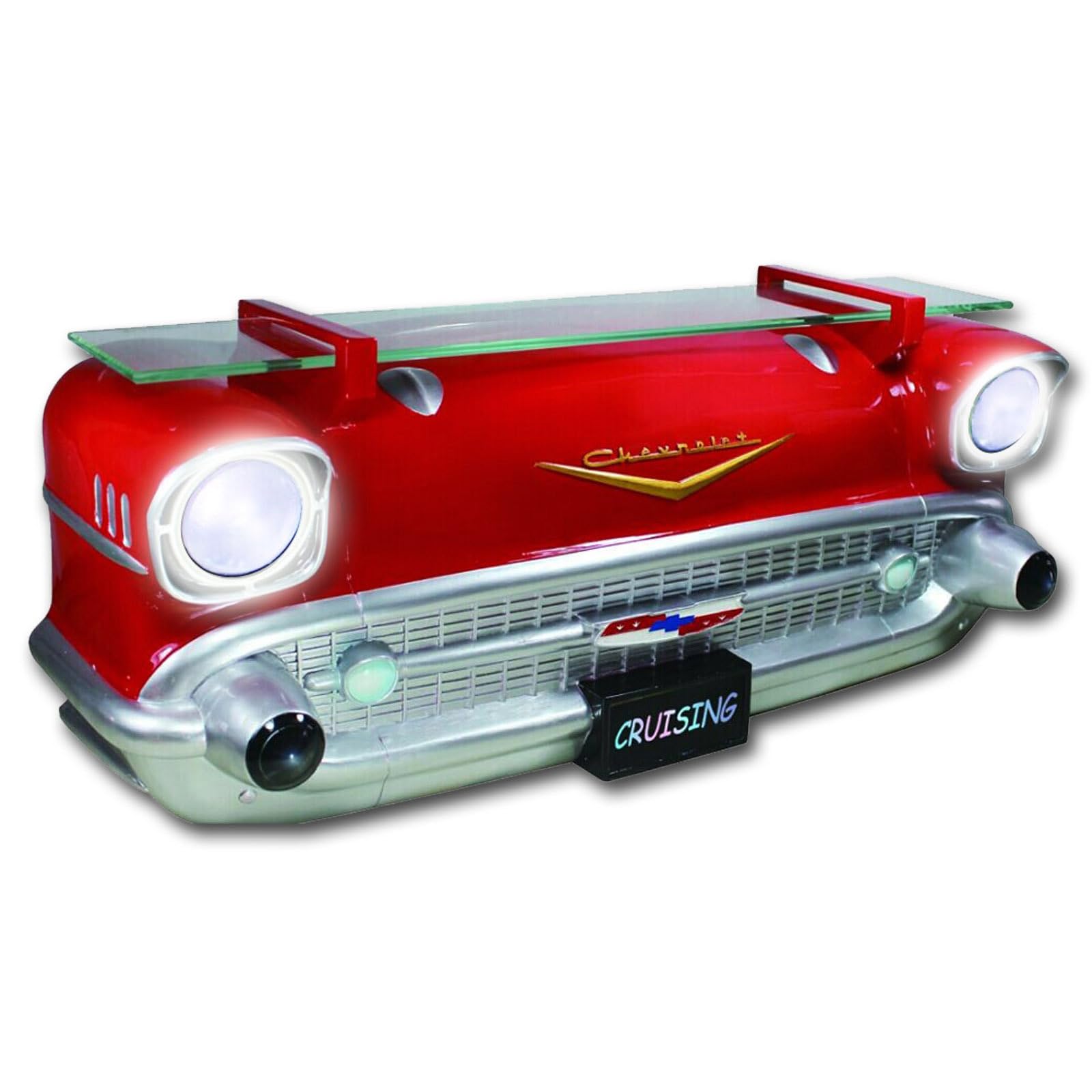 1957 Chevy Bel Air Wall Shelf - Red Floating Shelf with LED Headlights (20x6.1x8 inches) | Tempered Glass Classic Car Decor | Battery Operated Novelty Gift for Car Enthusiasts | Perfect for Man Cave, Garage, or Automotive-Themed Room Decor