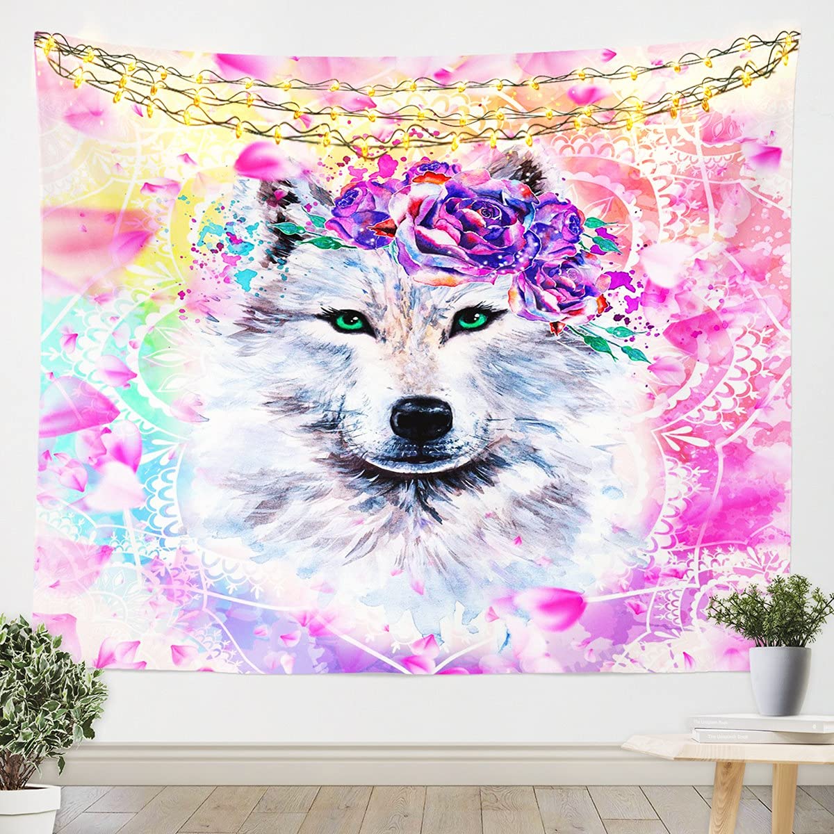 Boho Mandala Wall Tapestry - White Wolf Watercolor Floral Print Wall Hanging for Bedroom Decor, Large 59 x 83 Inch Hippie Tapestry for Kids Room, Dorm, Living Room | Pink Tie Dye Home Wall Art for Boys & Girls