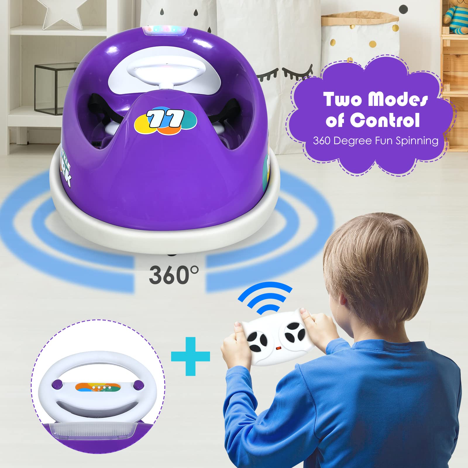 INFANS 6V Kids Electric Ride On Car with 360° Spin, Remote Control, LED Lights & Bluetooth - Rechargeable Bumper Toy Vehicle for Boys & Girls (Purple) | Perfect for Indoor Play, Backyard Fun & Birthday Gifts