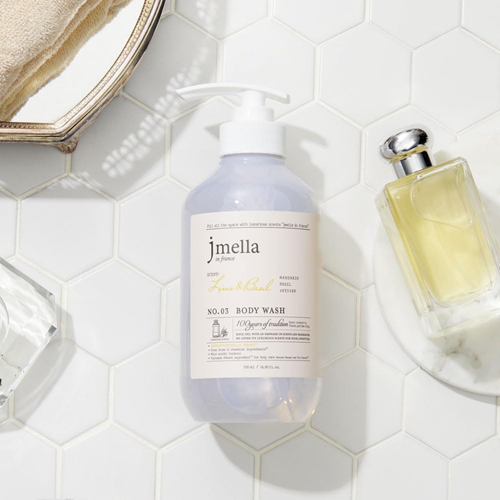 JMella France Lime & Basil Body Wash - 33.8 Fl Oz | Paraben-Free, Chemical-Free Formula with Strawberry Leaf Extract & 17 Amino Acid Complex | Luxury French Fragrance for Sensitive Skin | Perfect for Daily Shower & Spa Relaxation