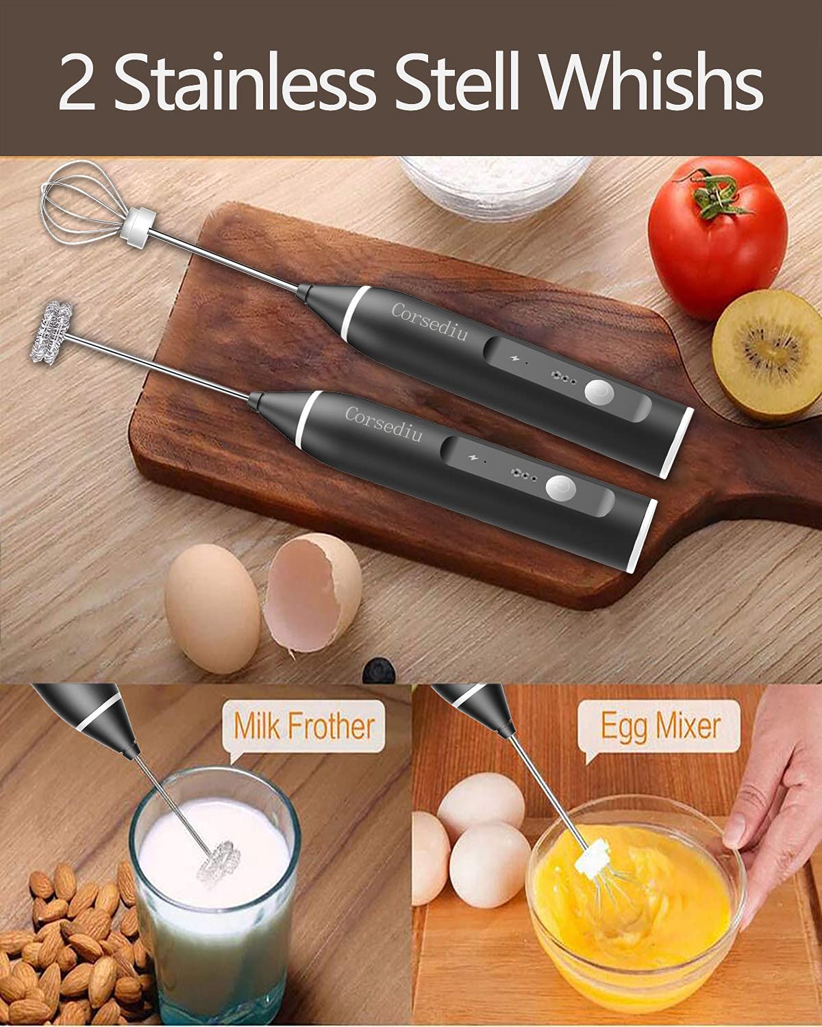 Electric Milk Frother Rechargeable - 3 Speed Handheld Frother with Stainless Steel Whisk for Coffee, Cappuccino, Matcha, Hot Chocolate & Milk Tea | Perfect for Home, Office & Cafe Use