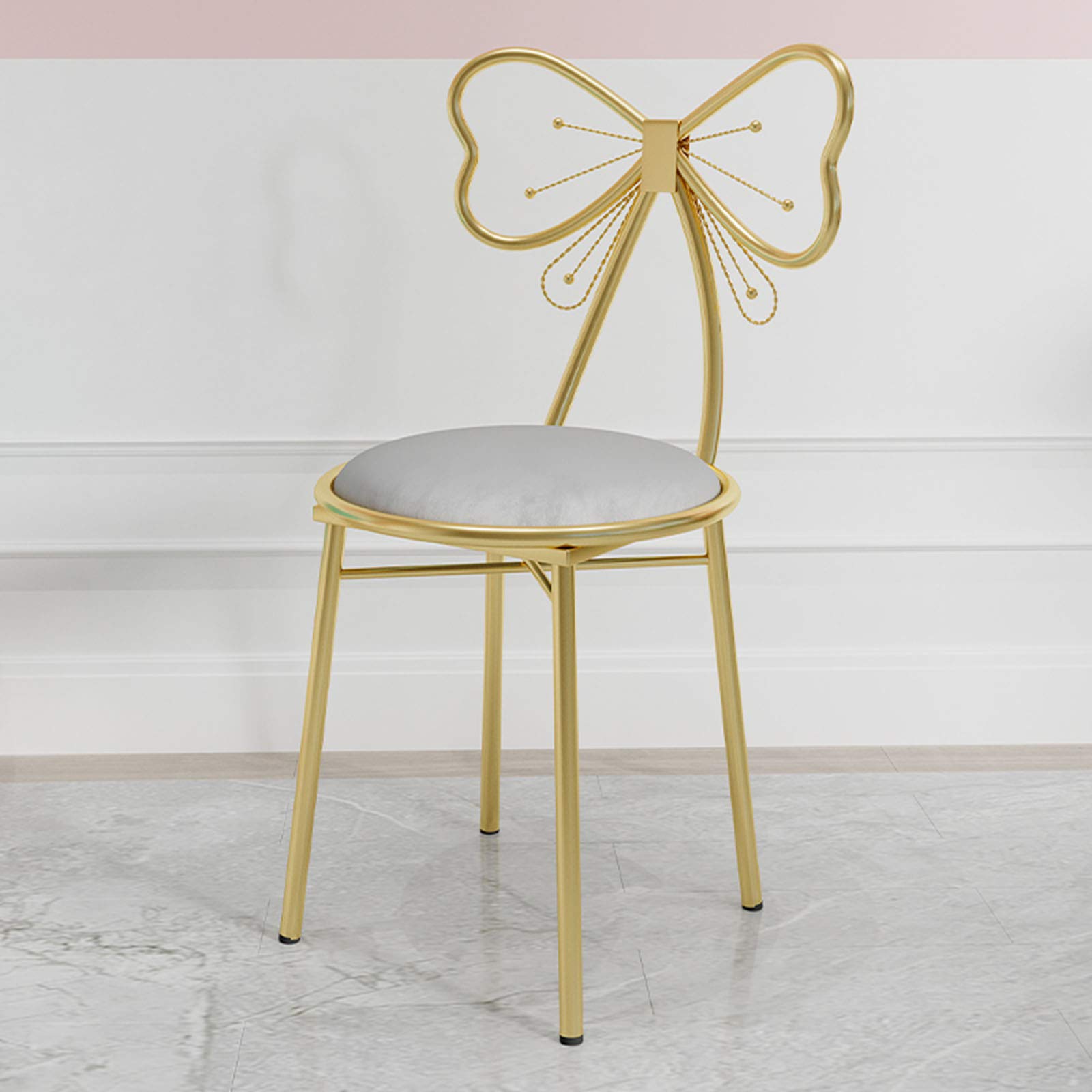 Golden Backrest Makeup Chair with Butterfly Bowknot - Flannel/PU Leather Vanity Stool for Bedroom, Dressing Table & Reading Nook - 82CM Gray Flannel Seat - Elegant Girls' Room Decor for Home & Salon Use