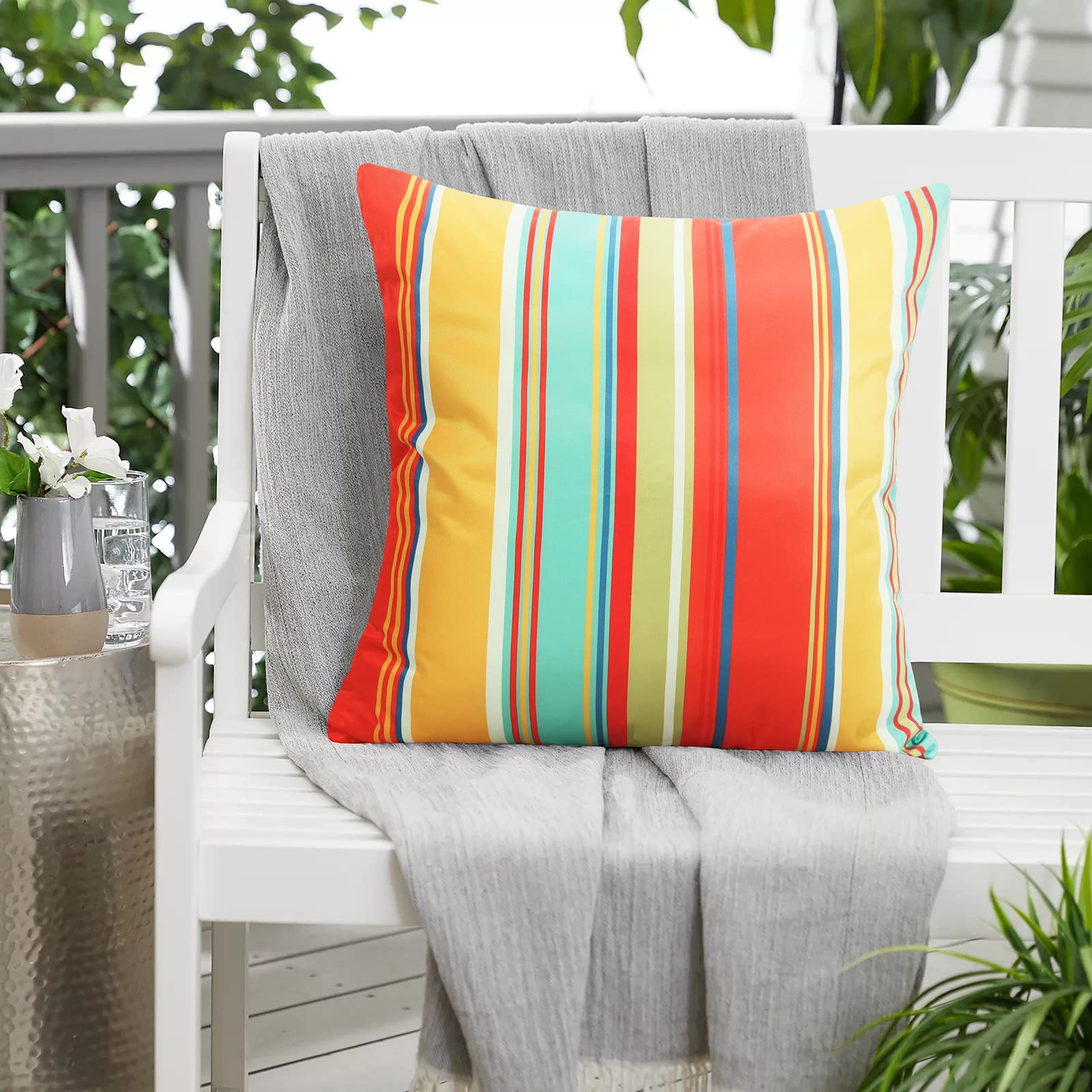 Waterproof Outdoor Pillow Covers Set of 2 - 20x20 Inch Decorative Square Beach Pillow Cases for Patio, Porch, Garden Furniture, Tent & Couch - Red Stripe Design (Perfect for Poolside Lounging, Camping & Coastal Home Decor)