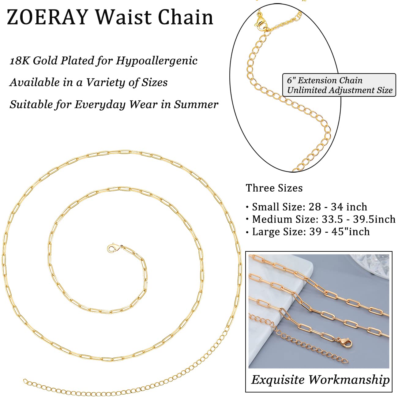 18K Gold Plated Adjustable Waist Chain for Women - Pearl Belly Body Jewelry for Plus Size, Beach, Bikini & Summer Outfits | Perfect for Vacations, Pool Parties and Festivals
