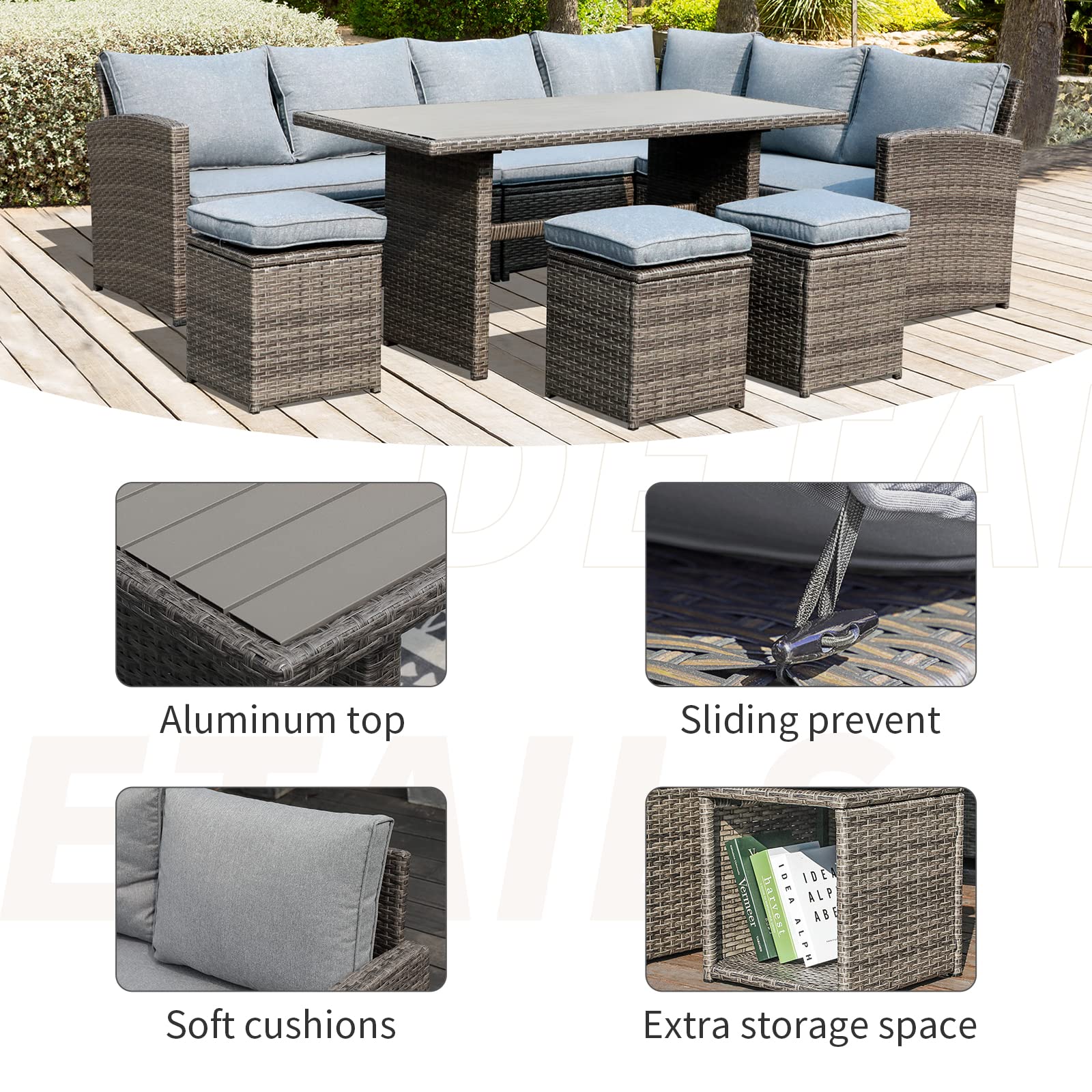 Verano 7-Piece Outdoor Patio Furniture Set - All-Weather Wicker Rattan Dining & Conversation Set with Cushions & Ottoman in Gray - Perfect for Garden, Backyard, Poolside & Outdoor Entertaining