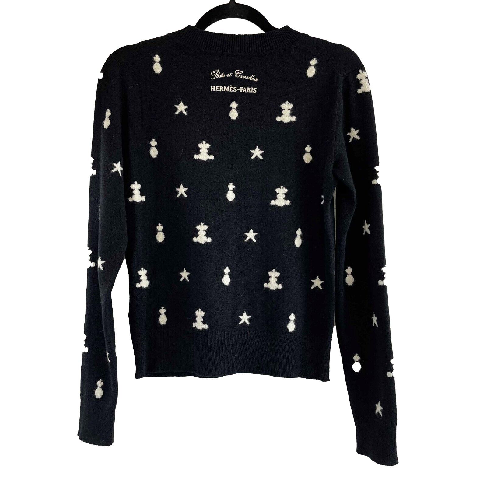 Hermes Rare Black & White Embroidered Postes et Cavalerie Cashmere Sweater - Size 36 (US 4) | Luxury Women's Knitwear for Fall & Winter Fashion