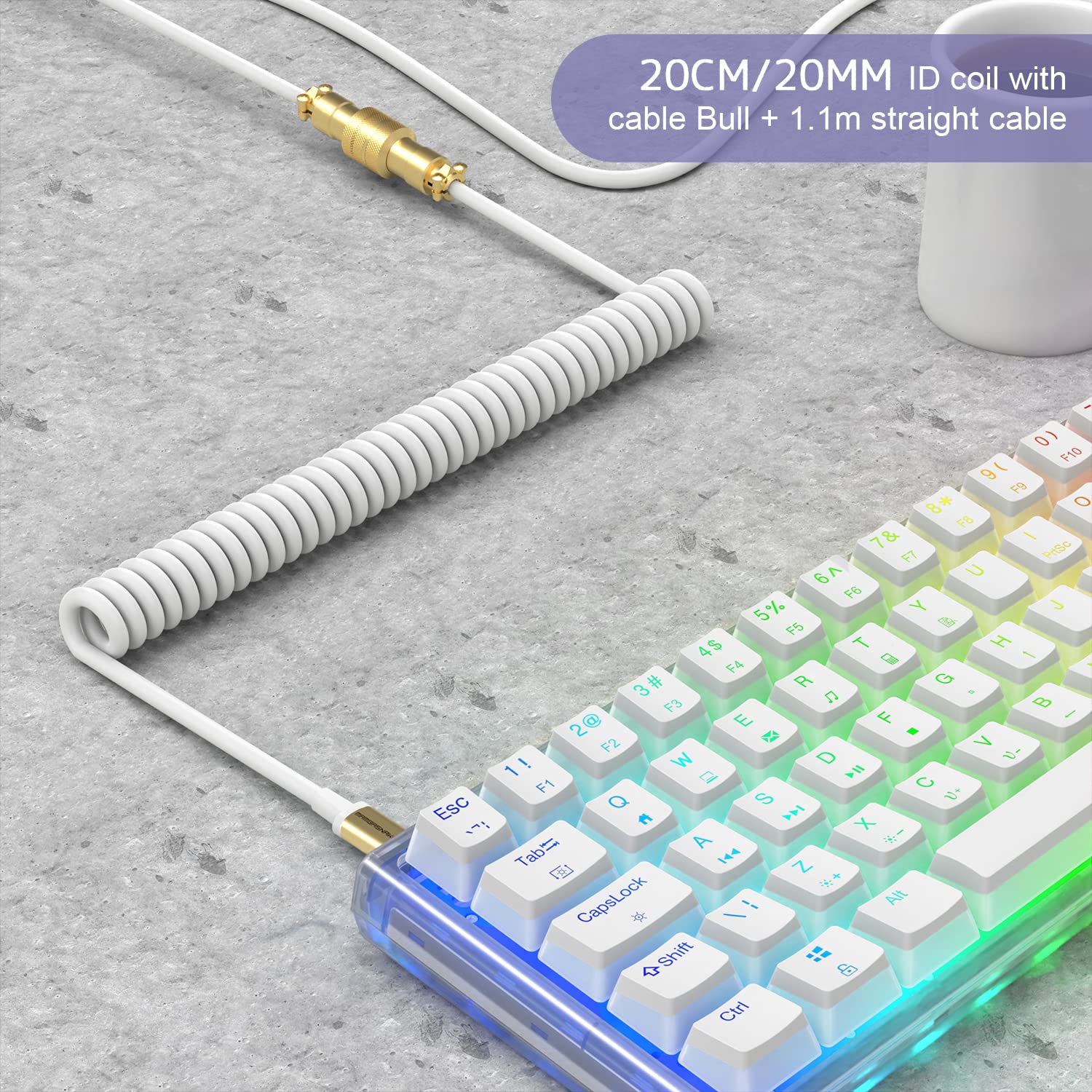XINMENG C02 Coiled USB-C Keyboard Cable - Detachable Aviator Connector for Gaming Keyboard & Laptop (White)