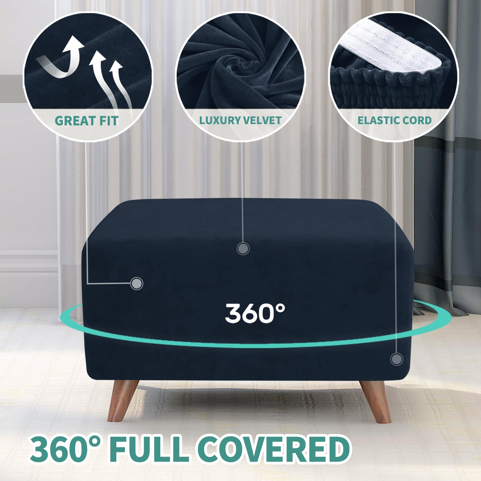 MAXIJIN Velvet Ottoman Slipcover - Small Stretch Square Rectangle Footstool Cover with Elastic Bottom - Navy Blue Storage Ottoman Cover for Living Room, Bedroom & Office - Perfect for Home Decor, Furniture Protection and Extra Seating