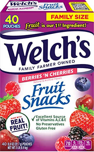 Welch's Fruit Snacks - Berries 'N Cherries Flavor, Gluten Free, 0.8oz Individual Packs (40 Count) | Healthy On-the-Go Snack for Kids Lunch, School, Travel & Office