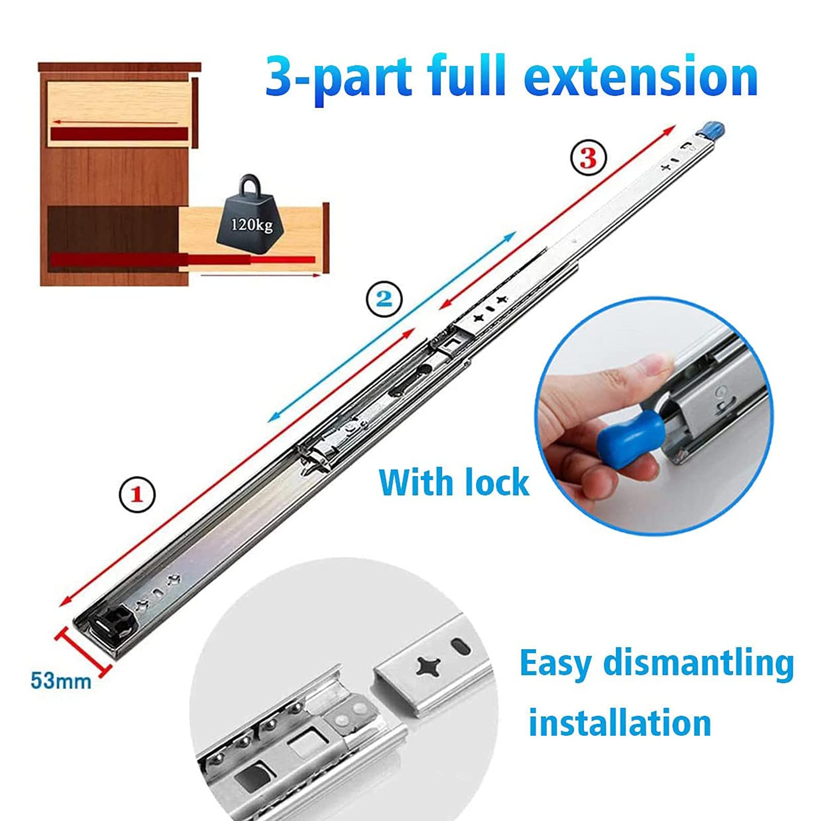 Heavy Duty Drawer Slides with Lock - 120kg Bearing Capacity, 26 Inch (660.4mm) 3-Section Soft Close Full Extension Ball Bearing Side Mount Drawer Runners - Perfect for Kitchen Cabinets, Office Furniture & Tool Storage (1 Pair)