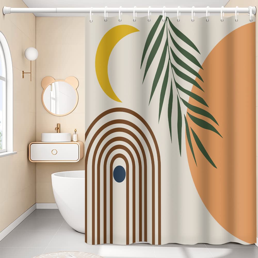 Mid Century Abstract Boho Shower Curtain - Moon & Eucalyptus Leaves Orange Bathroom Decor with Hooks, 60x72 Inch Modern Minimalist Geometric Design for Stylish Bathroom Upgrade | Perfect for Boho, Scandinavian & Contemporary Bathrooms