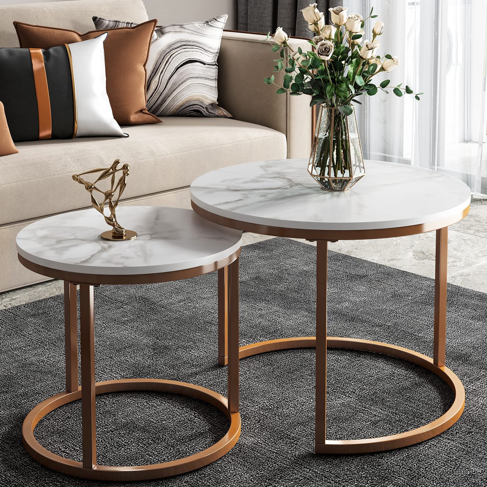 Modern Nesting Coffee Table Set - Faux Marble & Gold Metal Frame Side End Tables for Living Room, Bedroom, Office - Perfect for Small Spaces & Home Decor