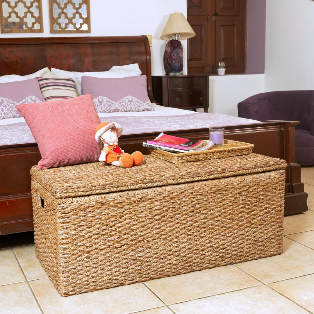Extra Large Wicker Storage Bench with Lid - Rattan Ottoman Coffee Table, Seagrass Toy Box & Bedside Organizer | Handwoven for Living Room, Bedroom & Nursery Storage Solutions