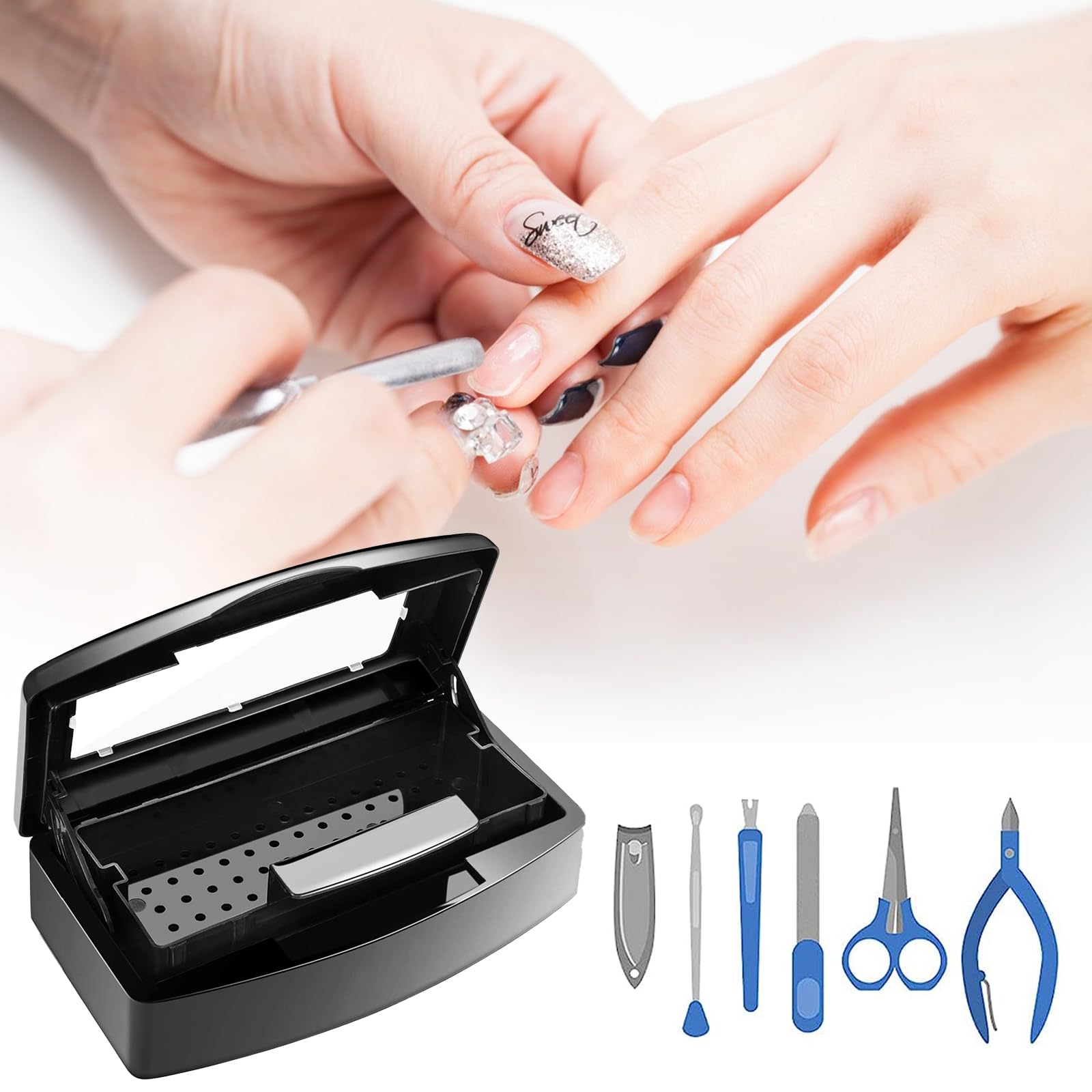 BUCICE UV Nail Tool Sterilizer Tray - Professional Salon-Grade Sterilization for Tweezers, Nail Clippers & Beauty Tools (Black) | Essential for Nail Technicians, Hair Salons & Home Manicure Kits