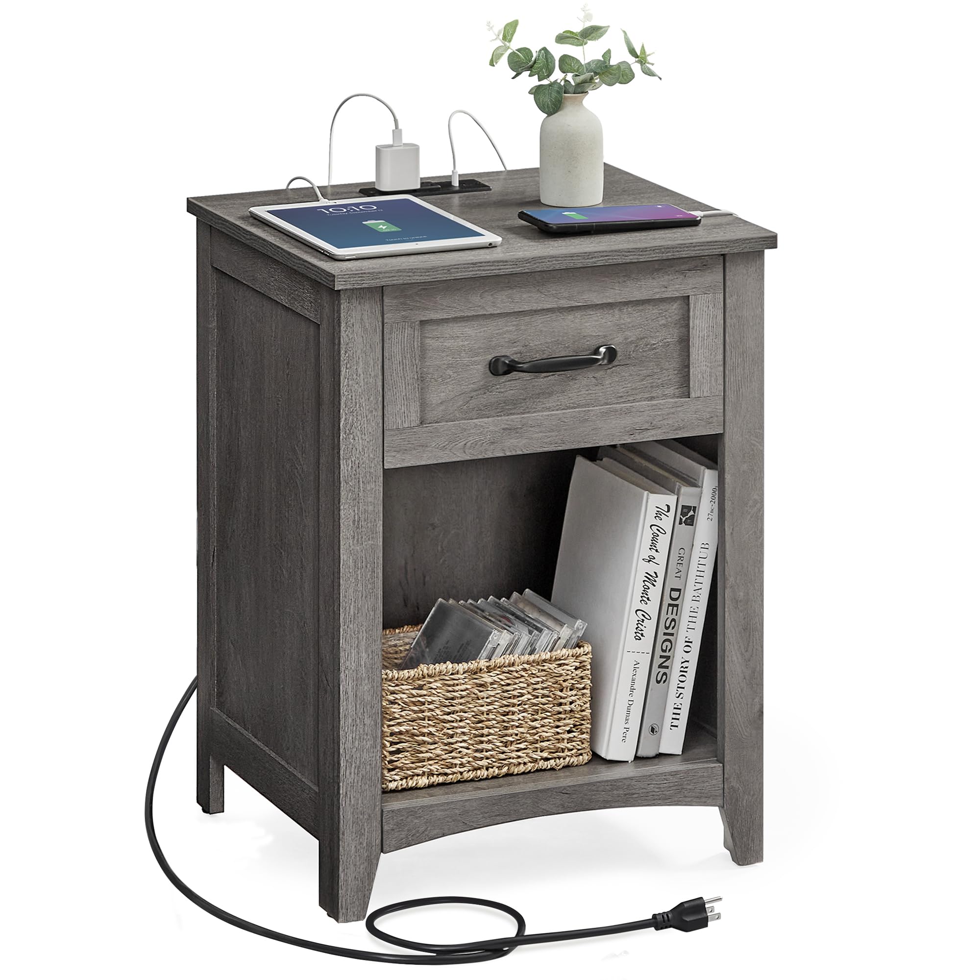 VASAGLE Farmhouse Nightstand with USB Charging Station, Bedside Table with Drawer & Open Shelf, Storage Side Table for Bedroom - Misty Gray | Perfect for Small Spaces, Apartment Living & Guest Rooms