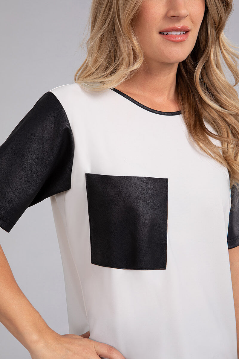 Stylish Boxy T-Shirt with Faux Leather Trim in Ivory - Perfect for Casual Outings and Streetwear Fashion