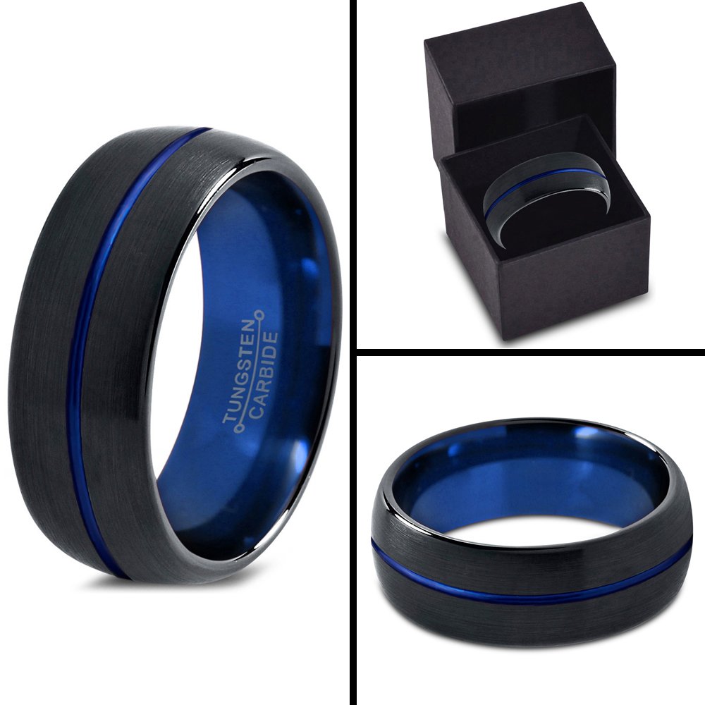 Premium Tungsten Carbide Wedding Band Ring for Men & Women - 8mm Blue & Black Center Line Dome, Black Brushed & Polished Finish - Custom Engraved Anniversary & Engagement Ring - Perfect for Weddings, Proposals & Special Occasions