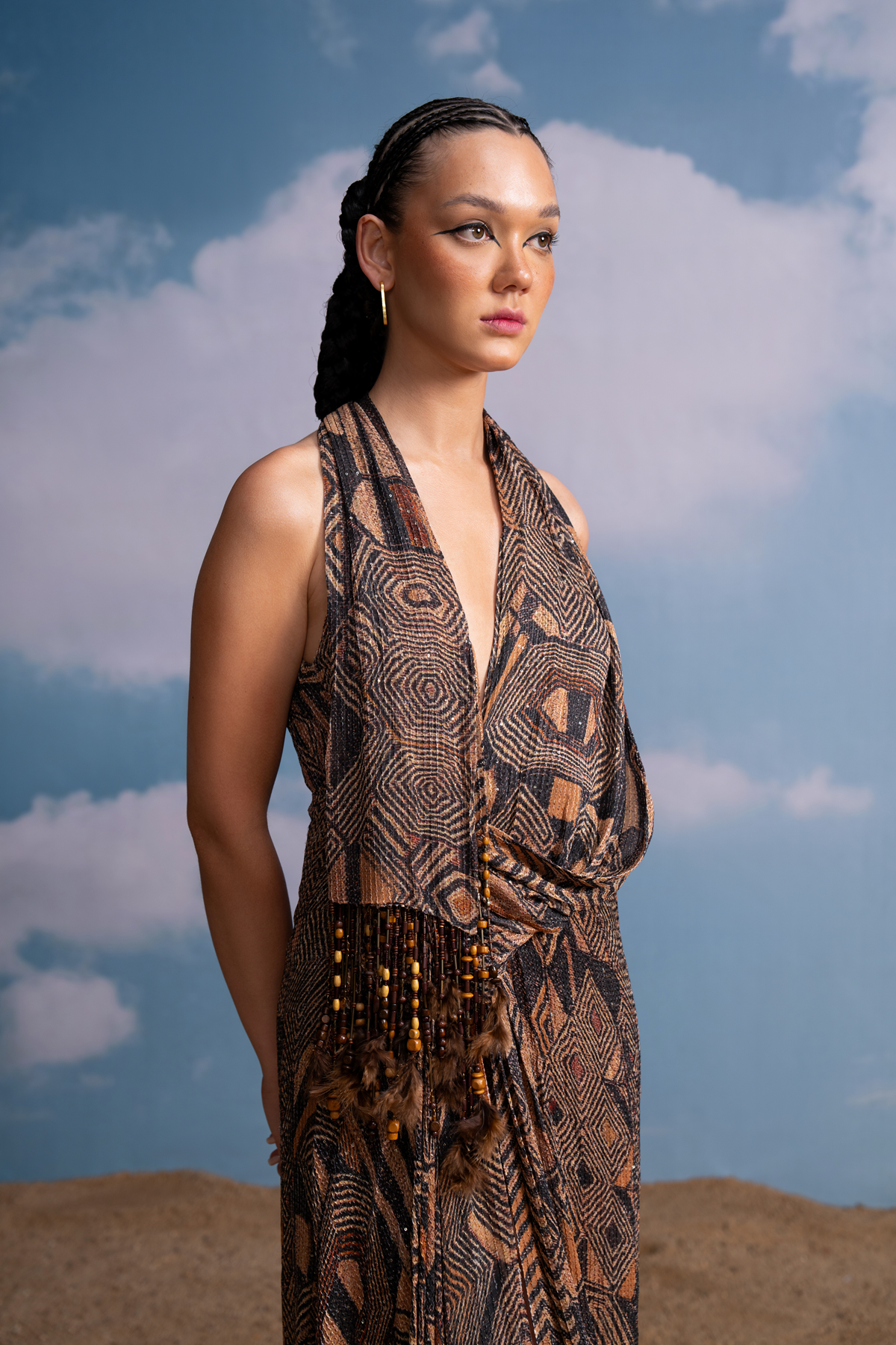 Elegant Brown Geometric Print Cowl Neck Dress with Detachable Tasseled Scarf - Women's Fashion for Office, Party & Special Occasions