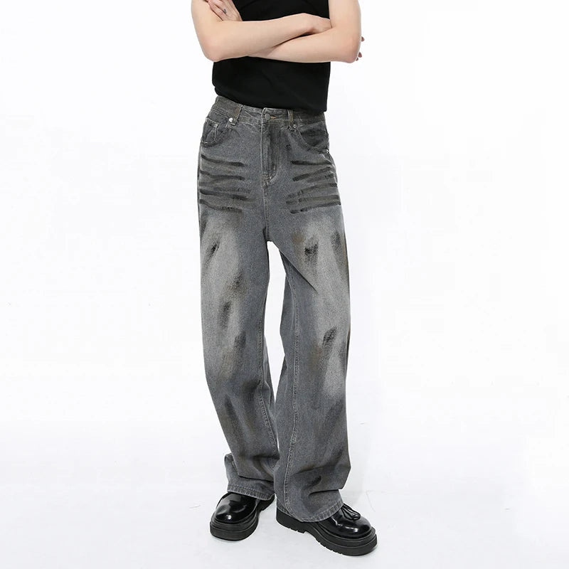 Vintage American Style Men's Denim Jeans - Distressed Washed Straight Leg Pants with Contrast Paint Design for Fall 2024 | Casual Wear, Street Style, Everyday Outfits