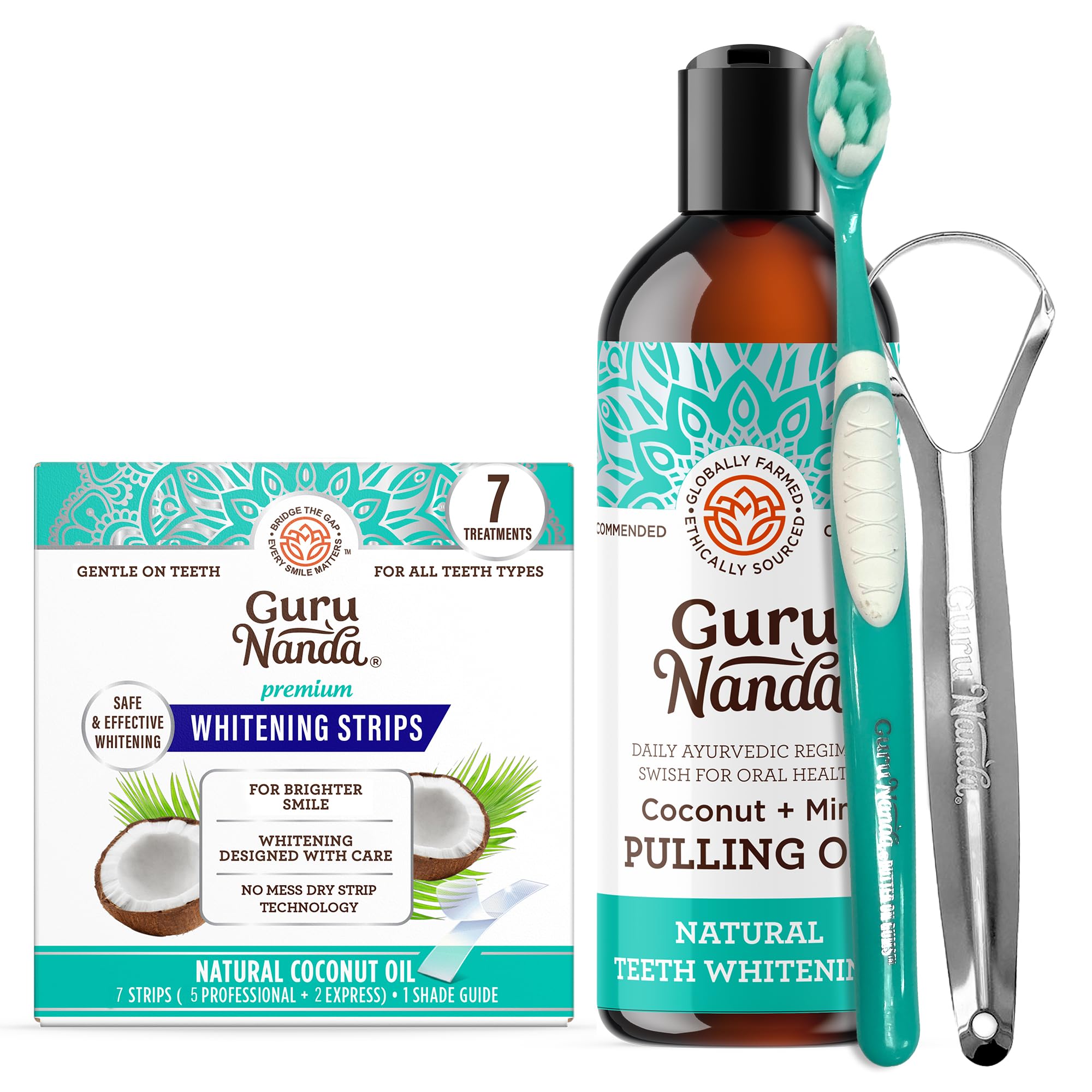 GuruNanda Organic Coconut Oil Teeth Whitening Strips & Oil Pulling Kit - 14 Whitening Strips + 8oz Oil for Whiter Teeth, Fresh Breath & Healthy Gums - Complete Oral Care Solution for Home Use & Travel