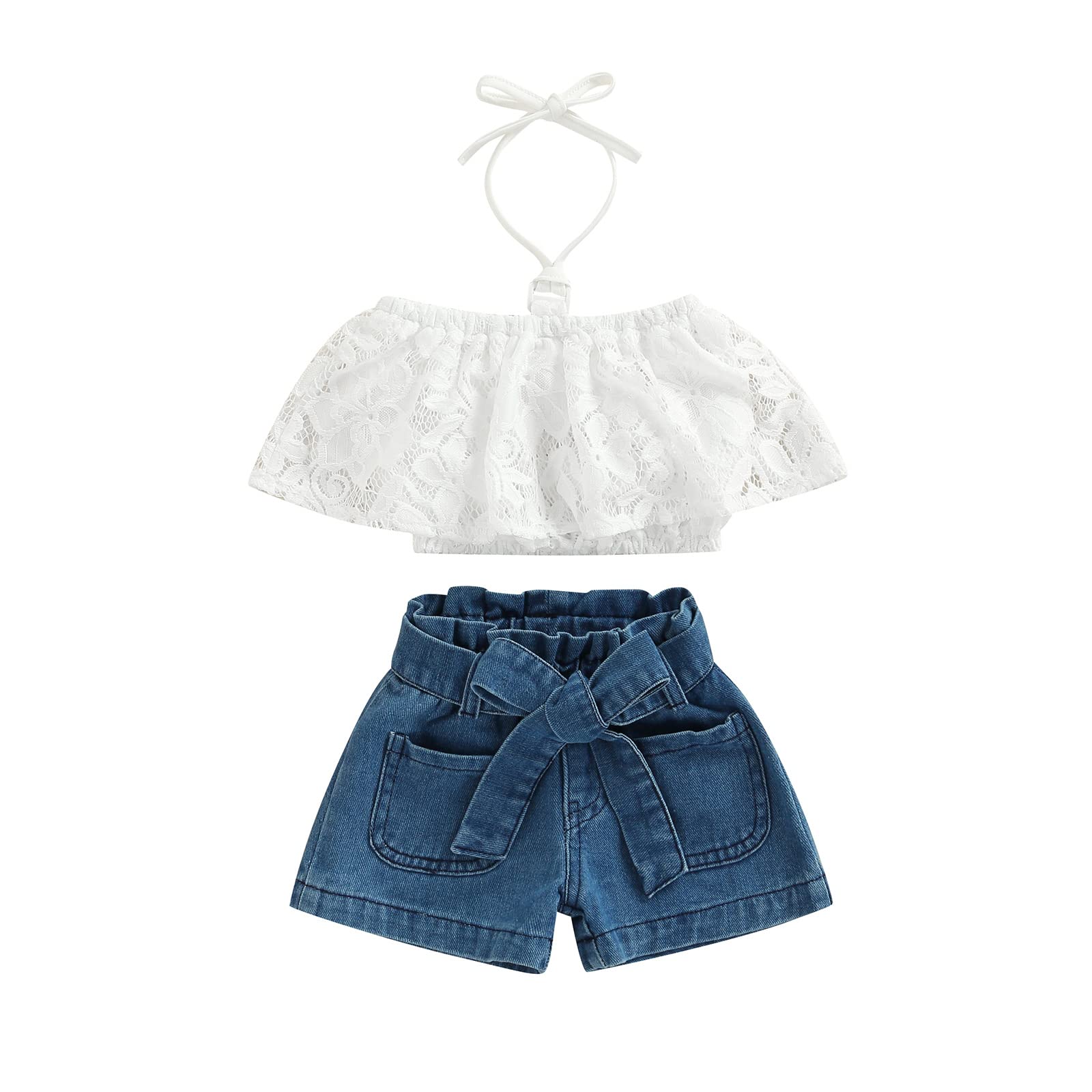Tiacham Toddler Baby Girl Summer Outfit - Cute Jean Shorts Set with Lace Crochet Floral Shirt & Halter Top | Perfect for Beach, Playdates & Summer Photoshoots
