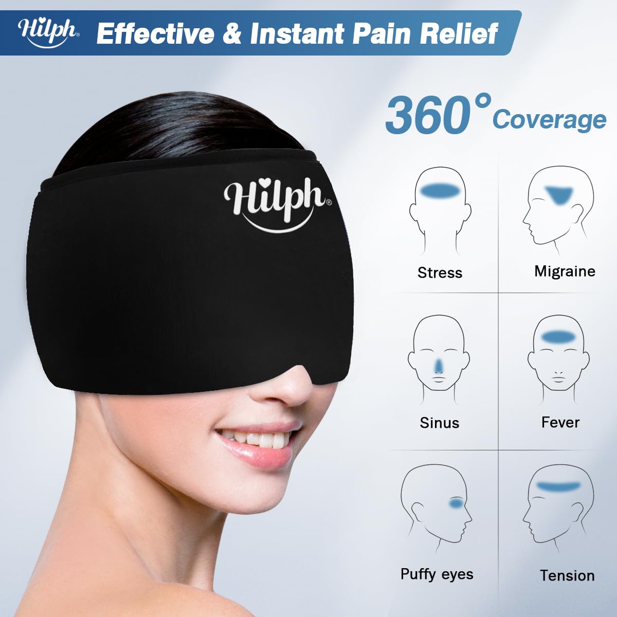 Hilph Adjustable Migraine Gel Ice Pack Head Wrap - Hot & Cold Therapy for Headache, Tension, Stress, Sinus & Hangover Relief - Reusable Black Ice Mask for Sleeping, Working & Relaxing
