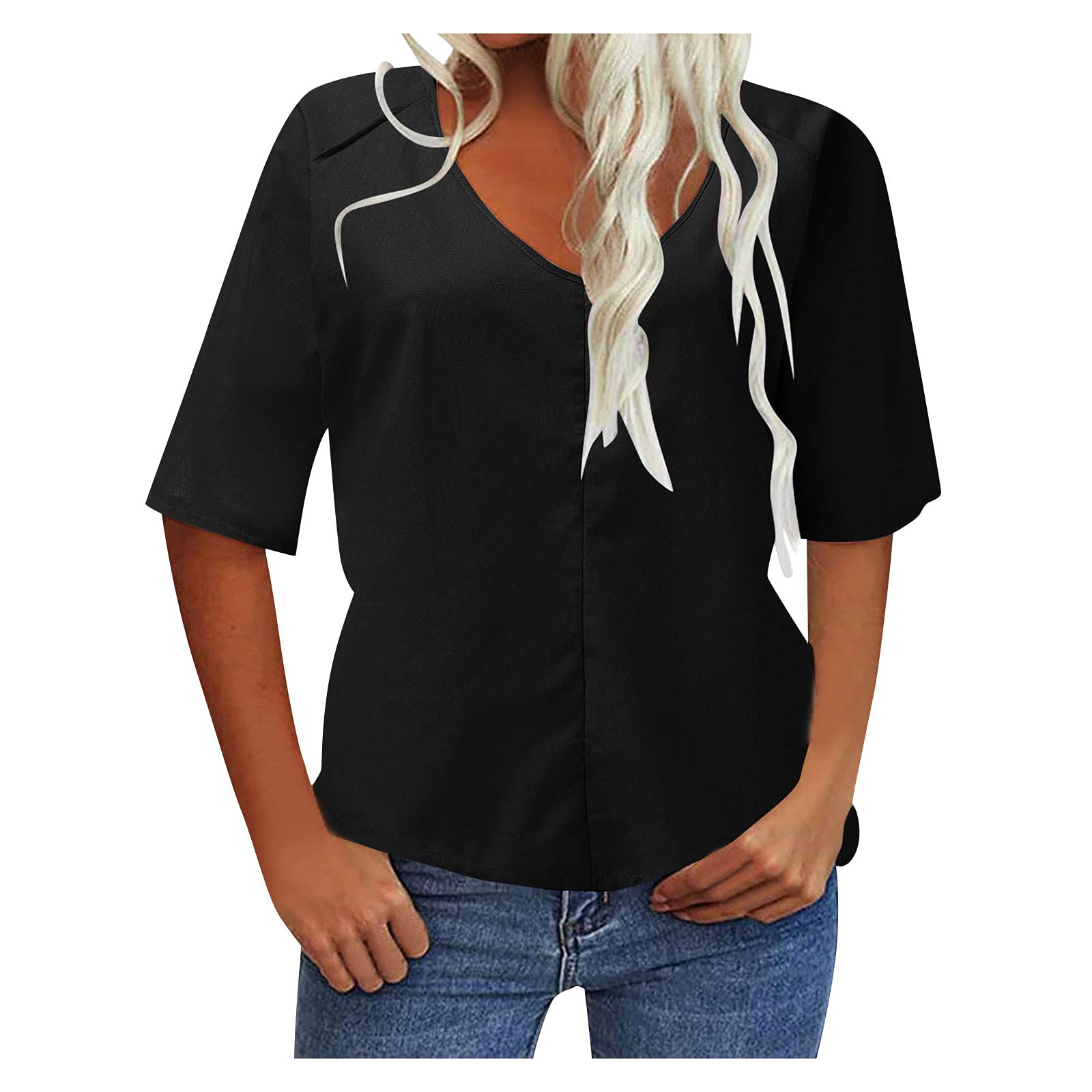 Women's Oversized V-Neck Half Sleeve T-Shirt - Solid Color Casual Loose Fit Basic Top for Everyday Wear, Street Style & Layering Outfits