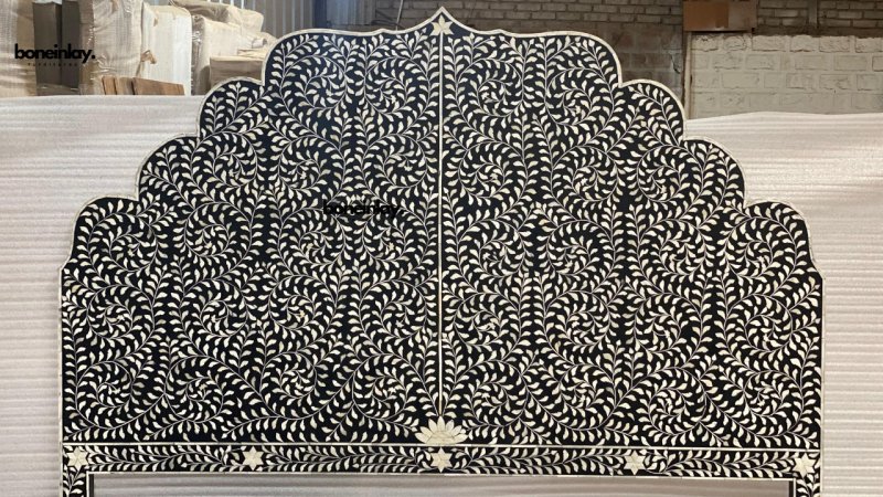 Luxury Black Bone Inlay Bed with Intricate Floral Design - Handcrafted Wooden Bed Frame for Master Bedroom, Guest Room & Boho Chic Home Decor