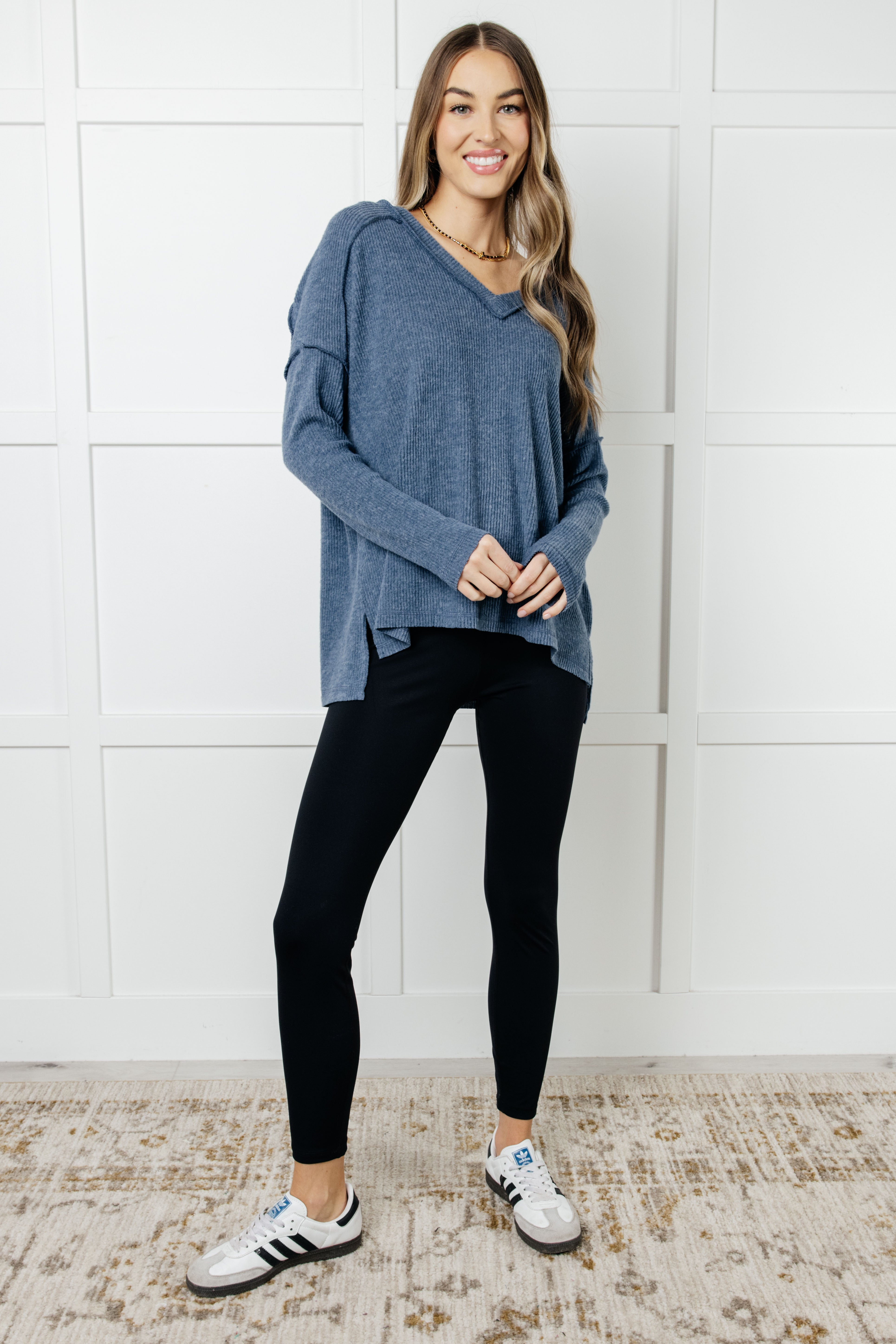 Soft Brushed Hacci Sweater Top in Dusty Blue | Cozy Winter Pullover for Women | Perfect for Casual Outfits & Layering in Cold Weather