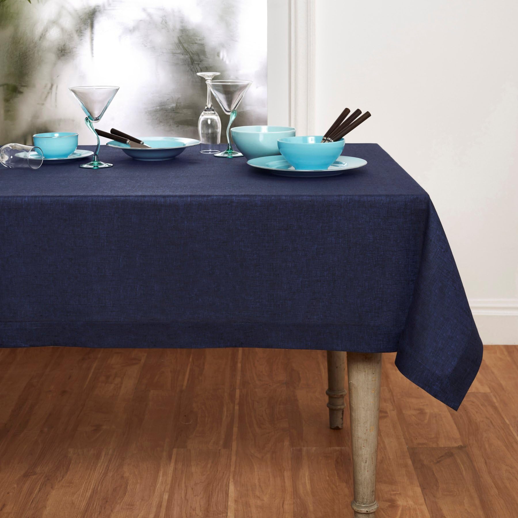 Solino Home 100% Pure Linen Tablecloth 60x90 Inches - Navy Blue Chambray Rectangular Table Cover - Machine Washable Dining Table Decor for Spring, Easter, Mother's Day - Perfect for Farmhouse, Rustic & Coastal Dining Rooms