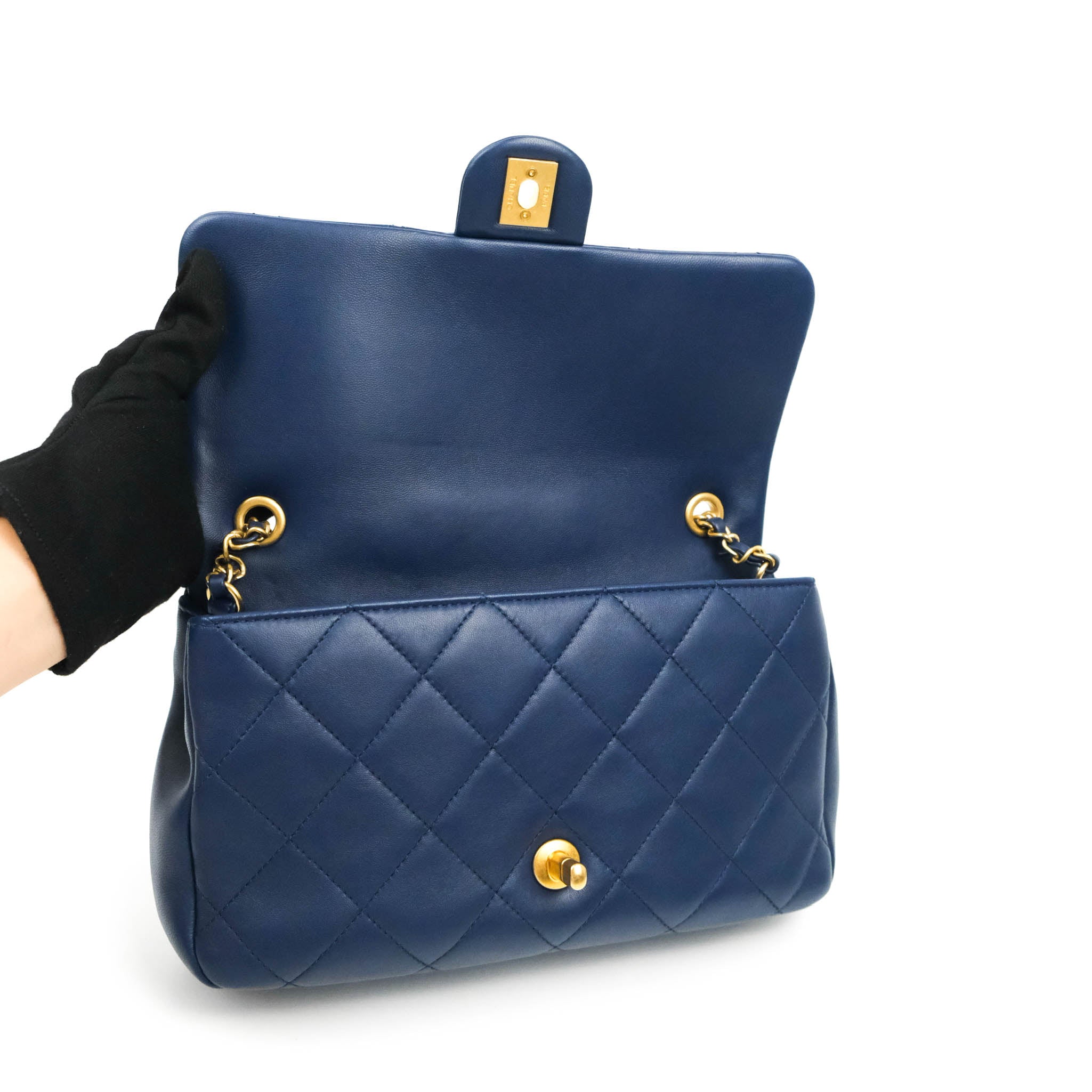 Chanel Navy Lambskin Circular Handle Flap Bag with Aged Gold Hardware - Luxury Crossbody Purse for Women, Perfect for Evening Events & Date Nights