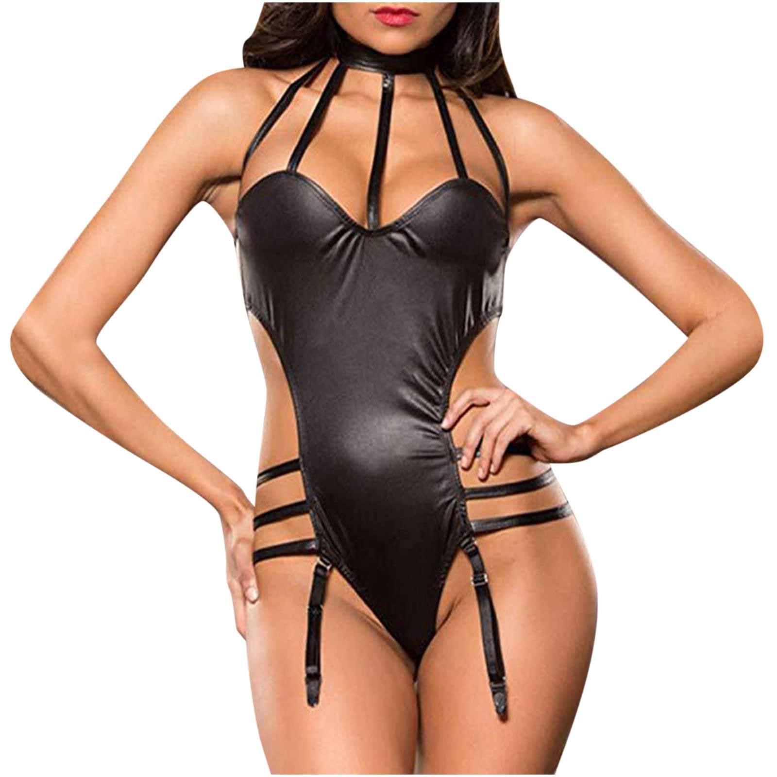RHWHOGLL Women's Sexy BDSM Faux Leather Lingerie Set - Strappy Halter Bodysuit & Bandage Babydoll for Role Play, Valentines, Boudoir Photography | Plus Size Shapewear for Confidence
