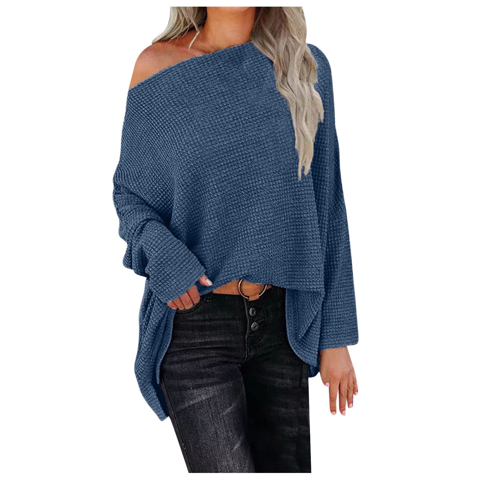 Women's Off Shoulder Batwing Sleeve Waffle Knit Sweater - Oversized Pullover Jumper Top for Fall/Winter - Cozy Knitwear for Date Night, Office Wear & Casual Outfits