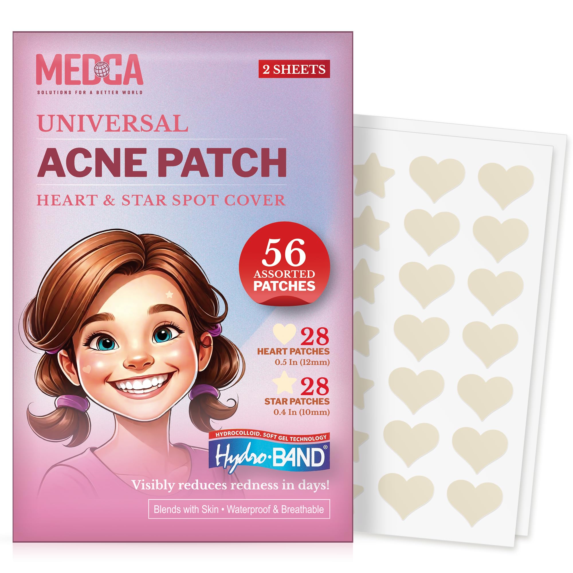 MEDca Acne Patches (56 Count) - Hydrocolloid Pimple Spot Treatment for Face, Absorbing Zit Cover Dots in Heart & Star Shapes | Perfect for Overnight Acne Treatment & Teen Skincare Care