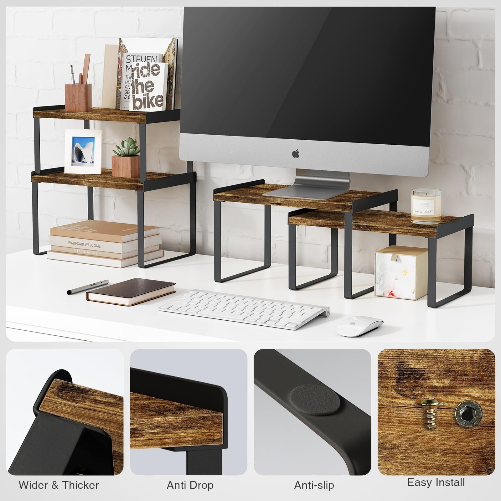 Rustic Black Expandable Kitchen Cabinet Organizer Set of 4 - Adjustable Storage Shelves for Bathroom Sink, Medicine Cabinet & Farmhouse Desk - Perfect for Small Space Organization & Home Decor