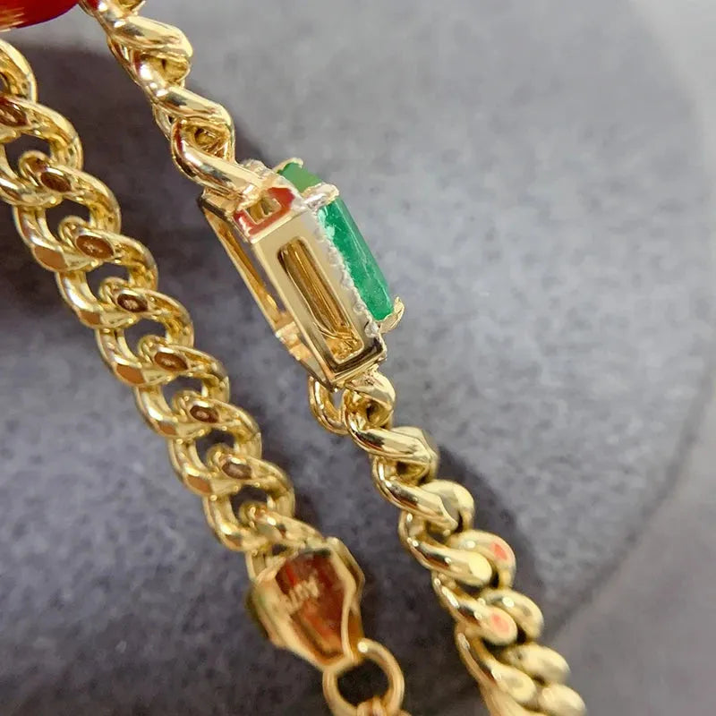 18K Yellow Gold Cuban Chain Bracelet for Women - Shiny Diamond & Natural Emerald Fashion Jewelry - Perfect for Parties, Weddings & Special Occasions