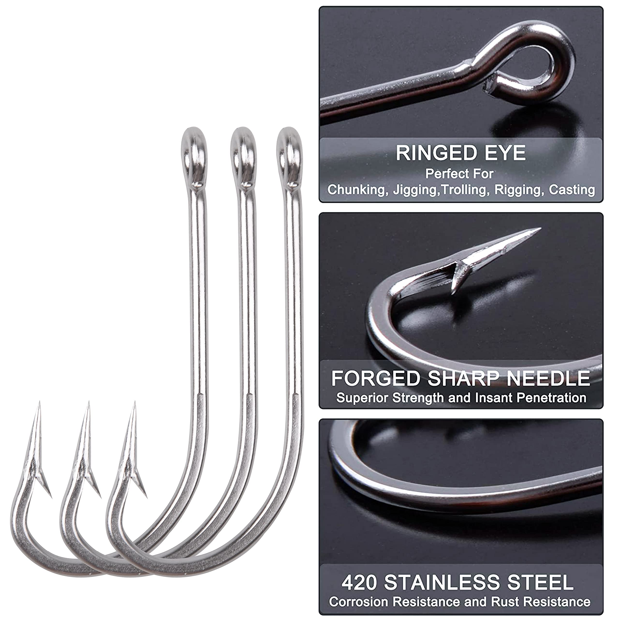 135pcs Saltwater Fishing J Hooks Kit - Stainless Steel O'Shaughnessy Long Shank Hooks for Freshwater & Saltwater Fishing | Trolling, Surf Casting, Deep Sea Fishing