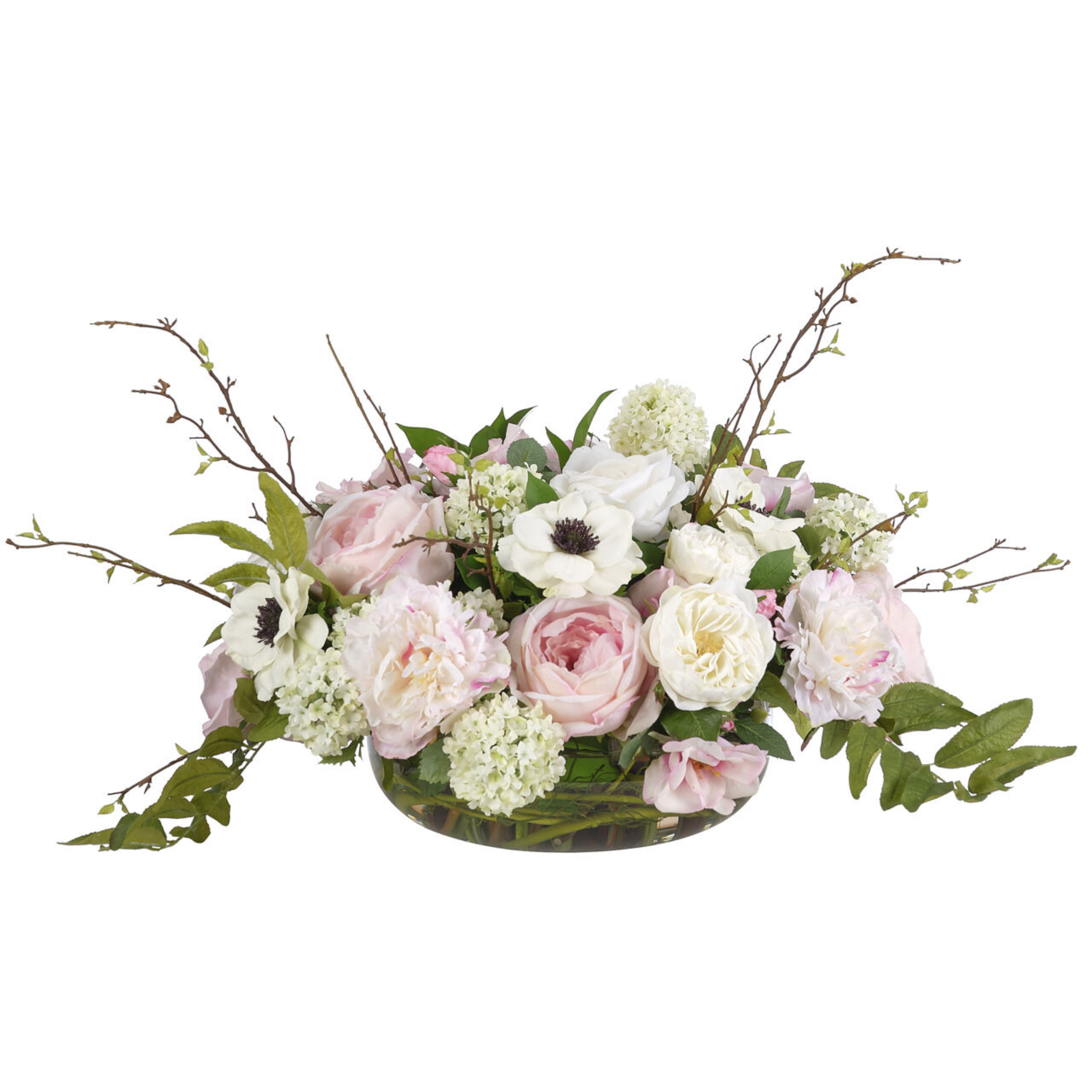 17 Faux Pink & Cream Roses and Anemones in Glass Bowl - Elegant Artificial Flower Arrangement for Home Decor, Wedding Centerpieces, and Tabletop Displays