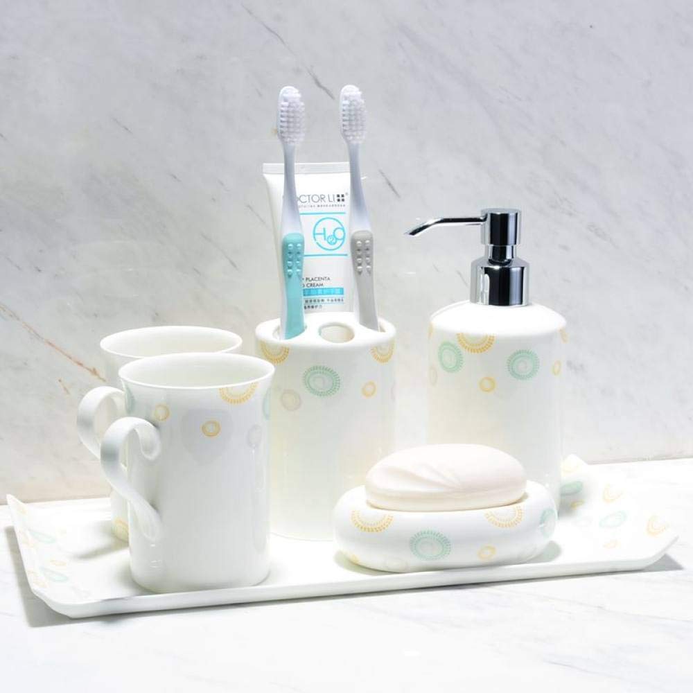 Vintage Ceramic Bathroom Accessories Set - 6 Piece Cartoon Yellow Green Circle Soap Dispenser, 2 Tumblers, Vanity Tray, Toothbrush Holder & Soap Dish | Modern Bathroom Decor for Vanity Countertop, Guest Bath & Kids Bathroom