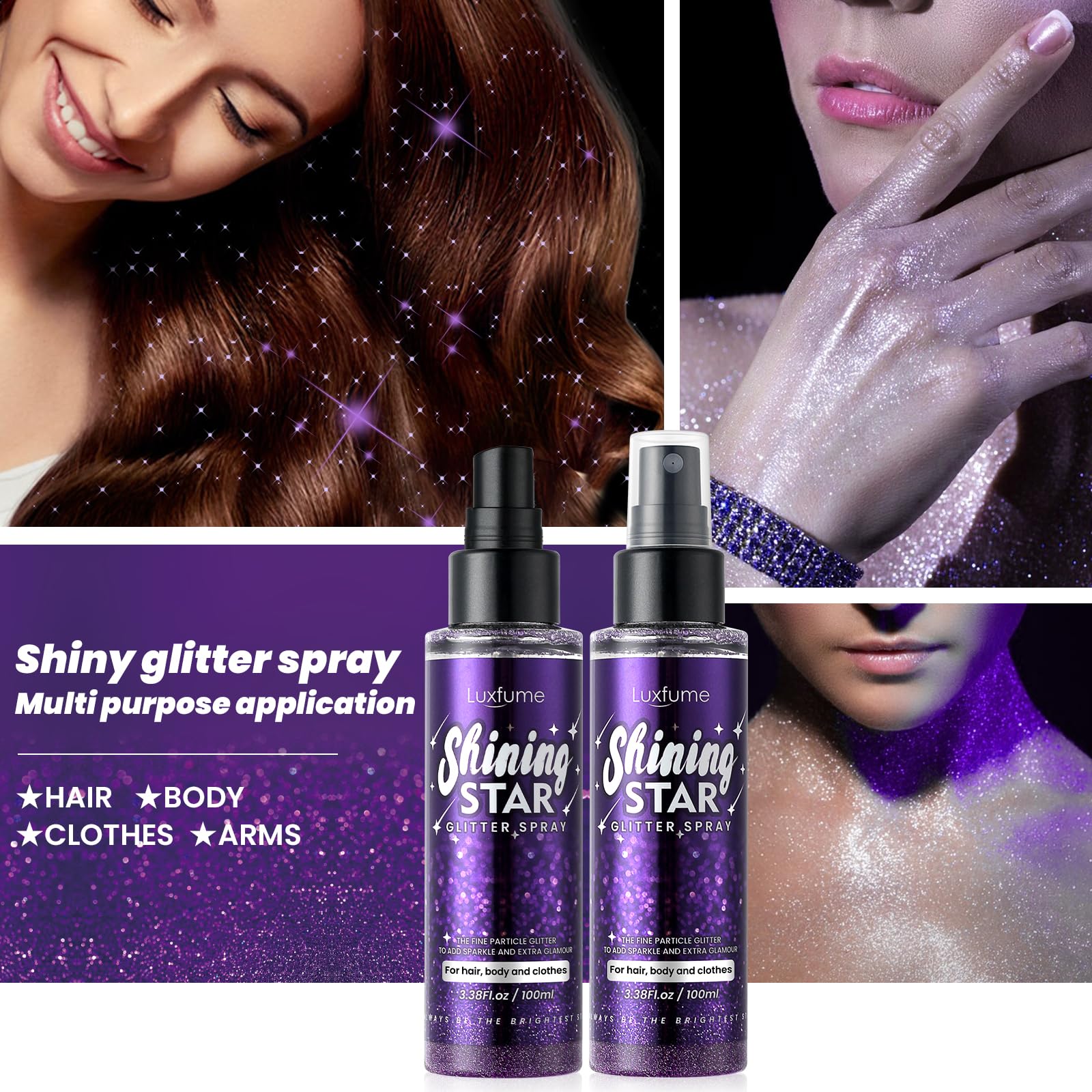 Purple Body Glitter Spray & Hairspray - Quick-Drying, Waterproof, Nozzle-Clog Resistant, Long-Lasting Shine for Stage Makeup, Costumes & Festival Looks (3.38Oz)